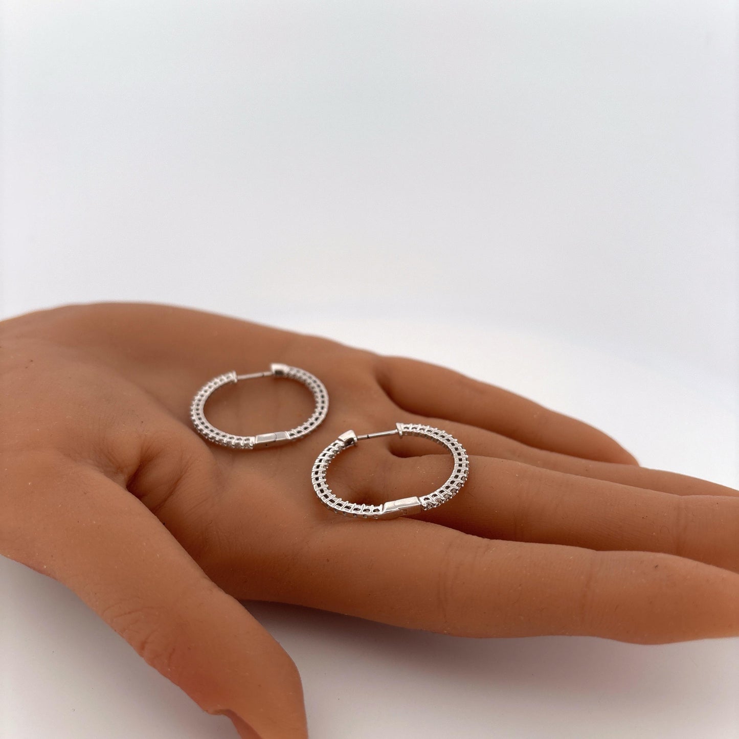 14K White Gold Diamond Hoops Diamonds Facing Forward