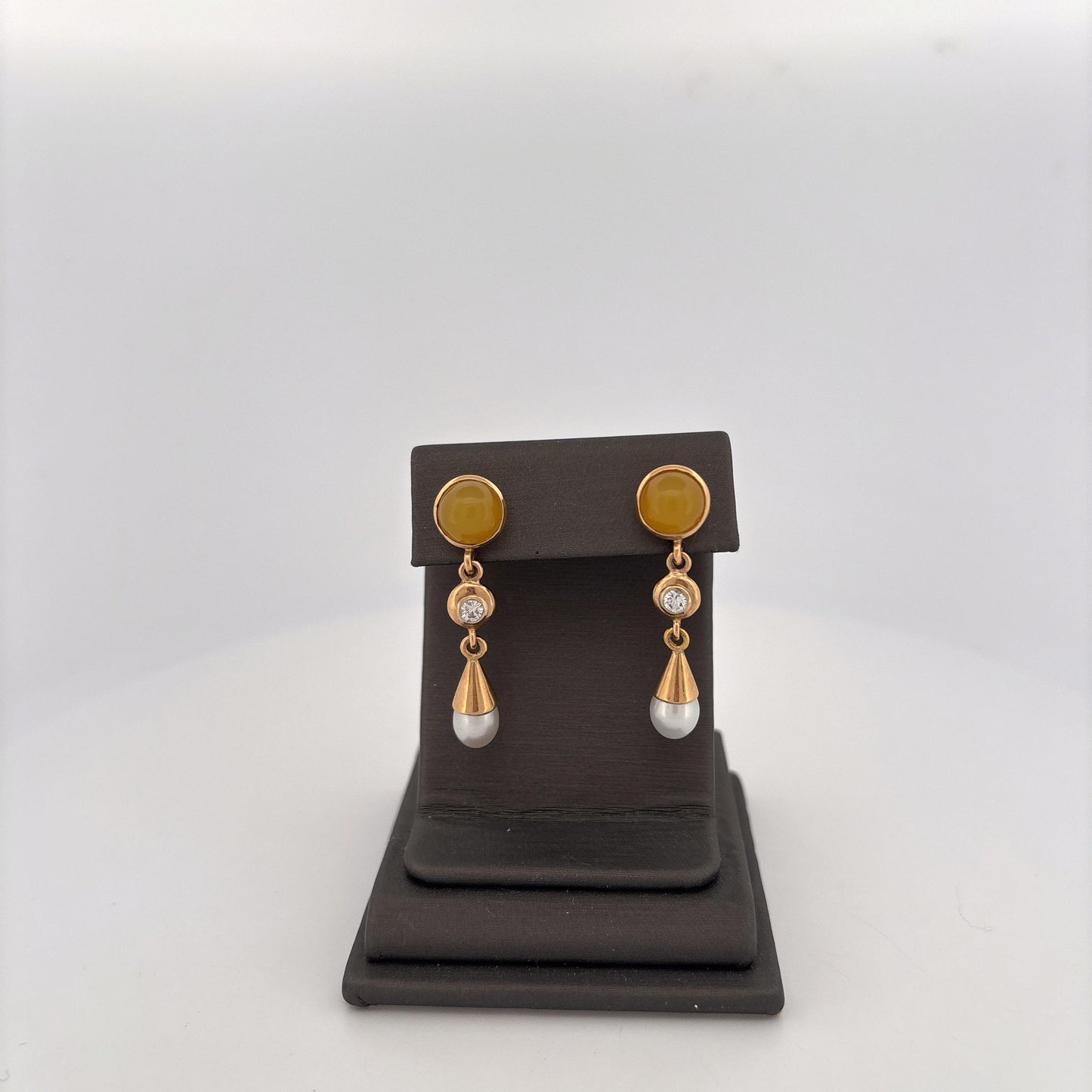 14K Yellow Gold Yellow Gemstone, Diamond, and Pearl Dangle Earrings
