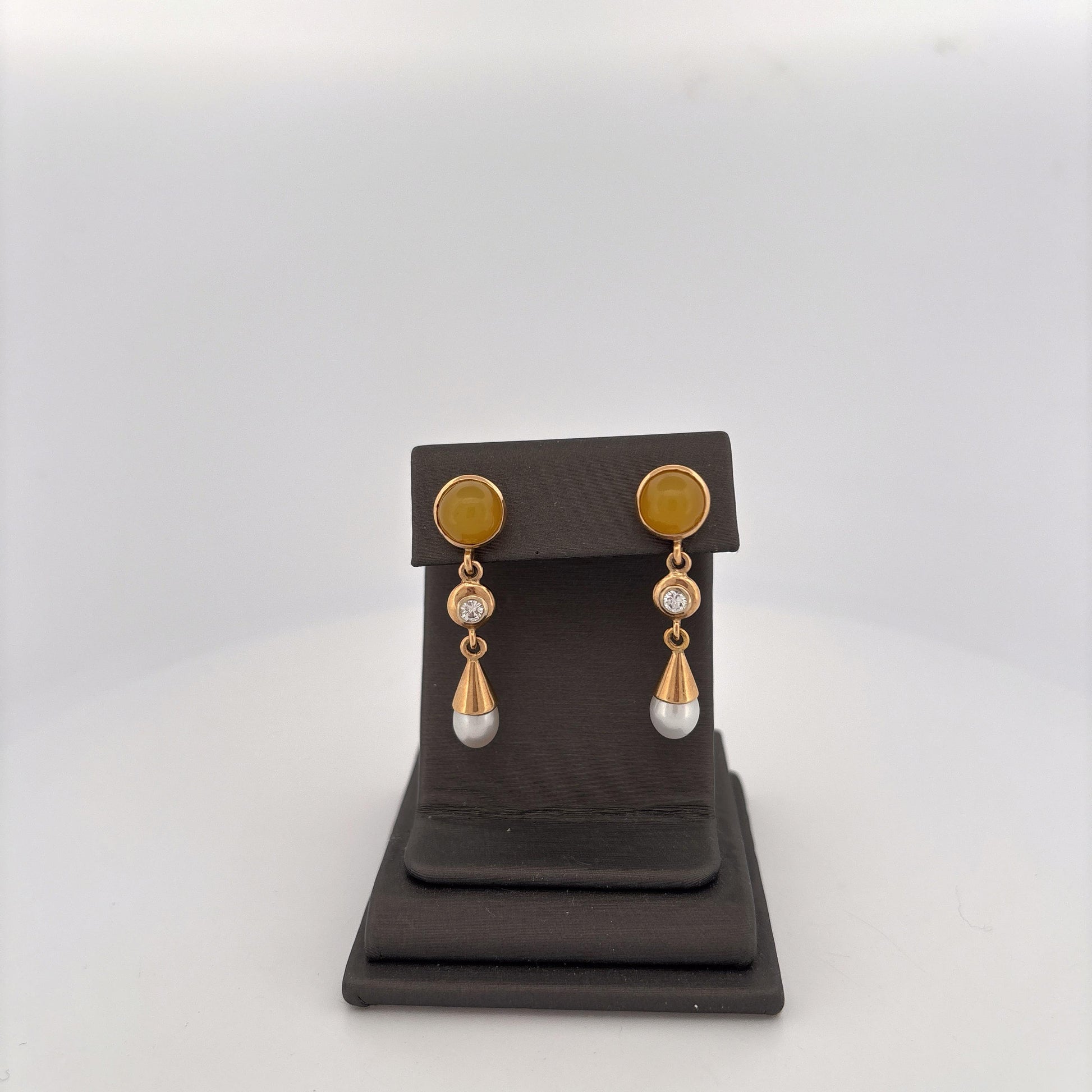 14K Yellow Gold Yellow Gemstone, Diamond, and Pearl Dangle Earrings