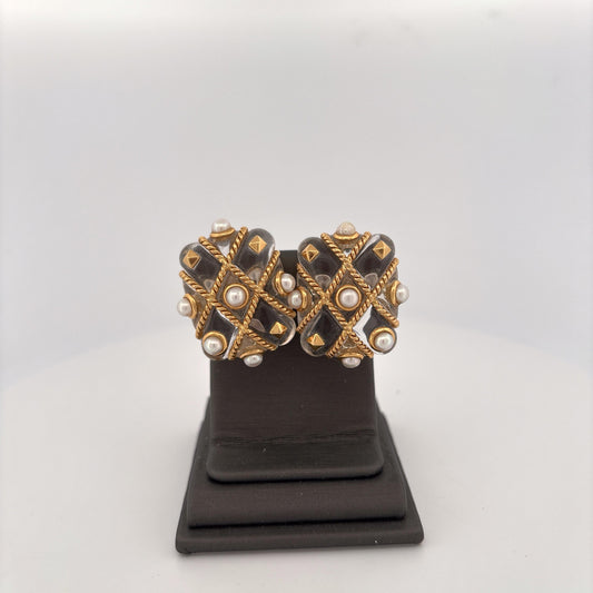 18K Large Clear Pearl Rope Earrings Clip on or Studded