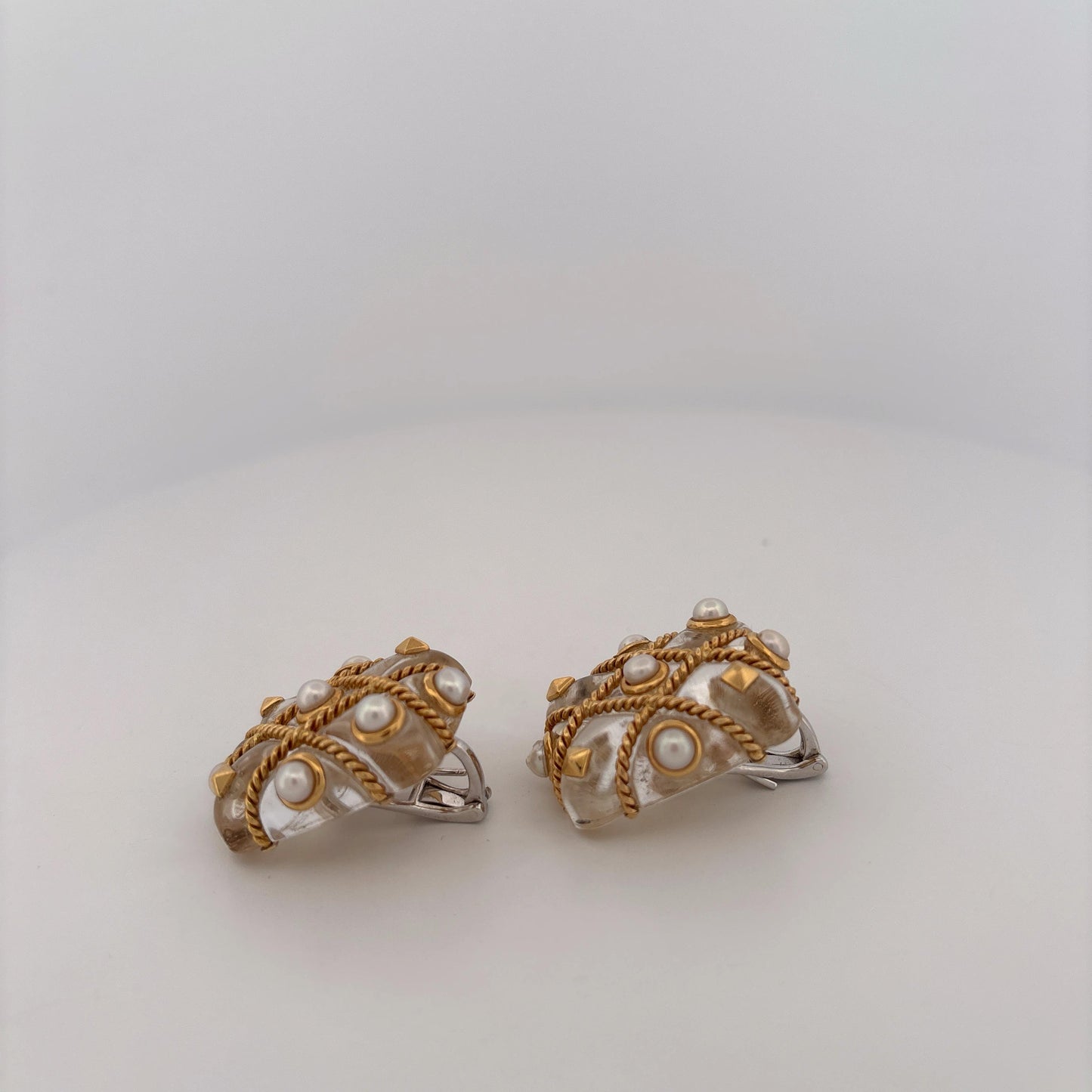 18K Large Clear Pearl Rope Earrings Clip on or Studded