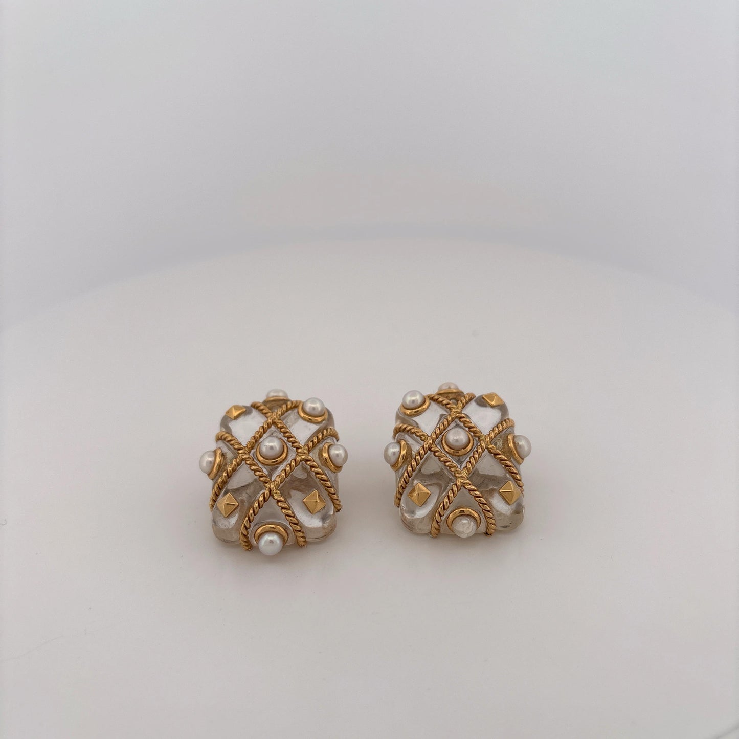 18K Large Clear Pearl Rope Earrings Clip on or Studded