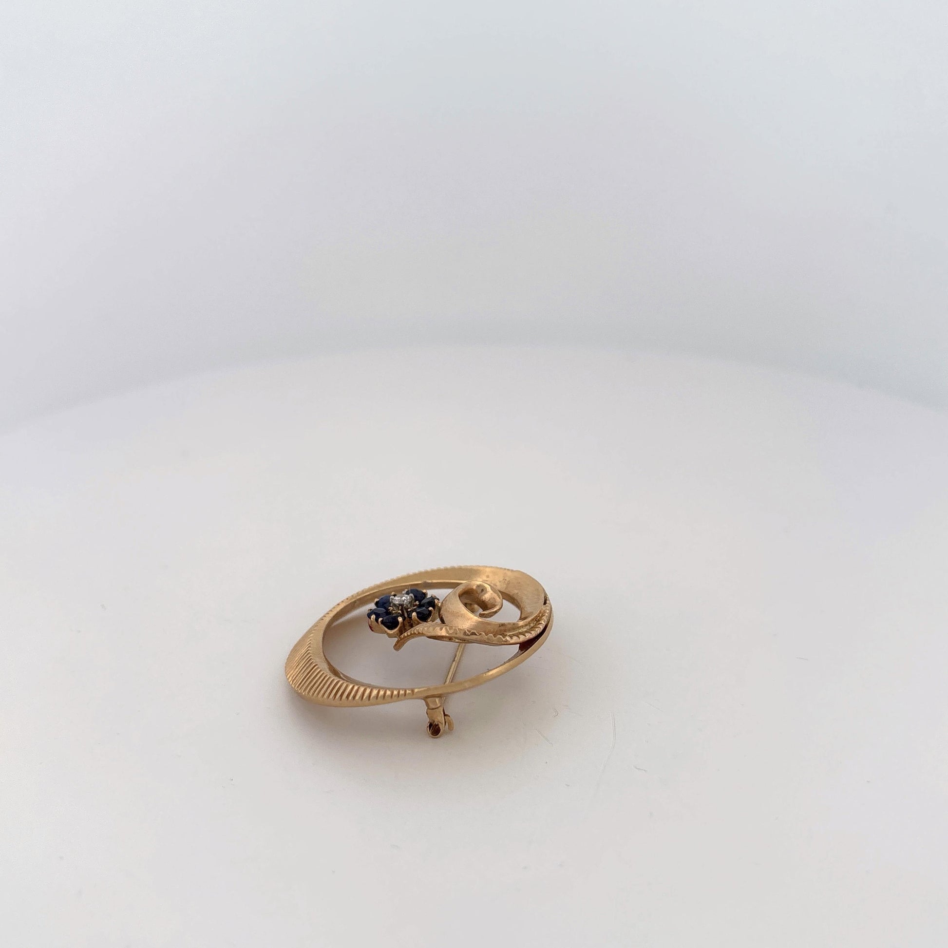GIA 14K Yellow Gold Sapphire and Diamond Circle Floral Brooch