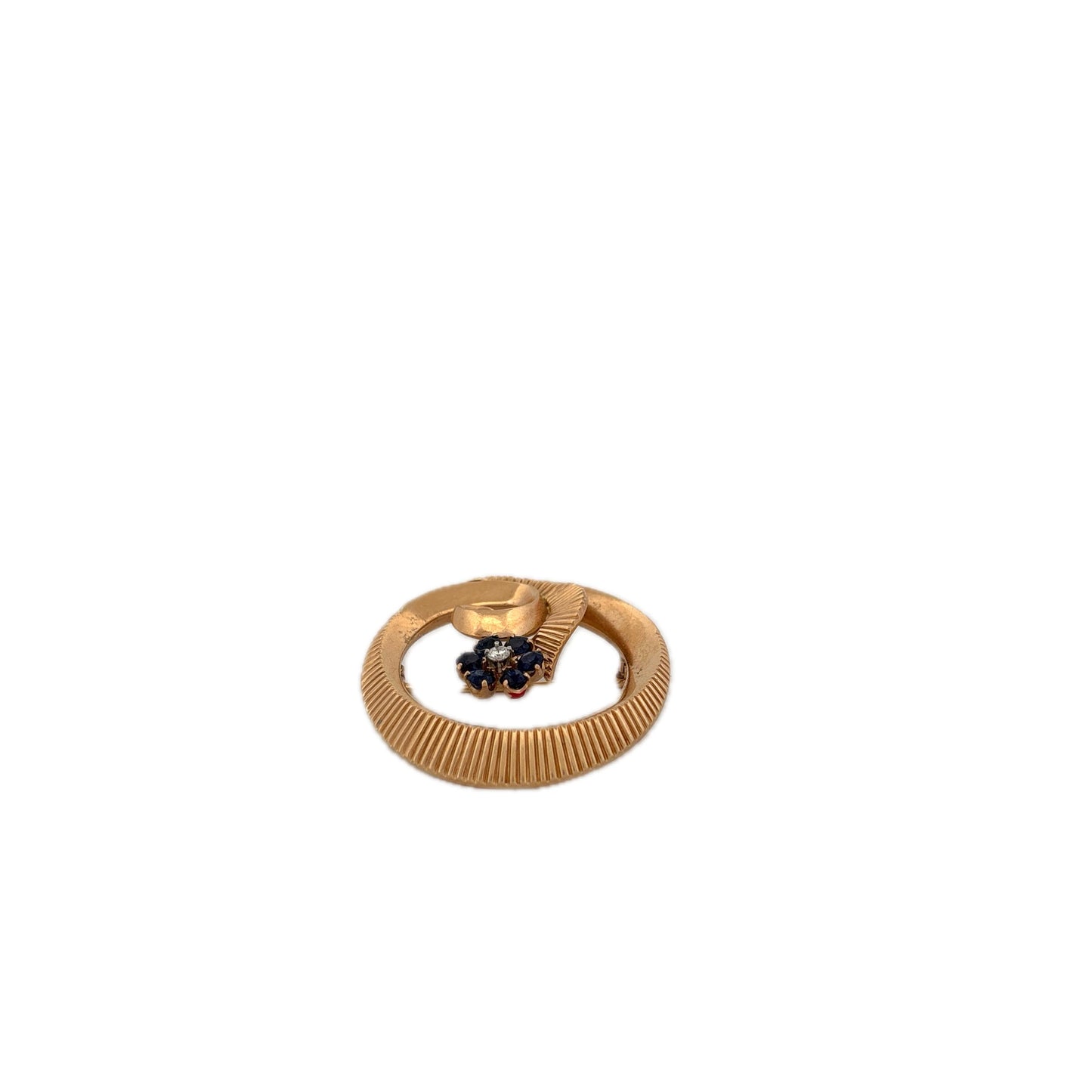 GIA 14K Yellow Gold Sapphire and Diamond Circle Floral Brooch