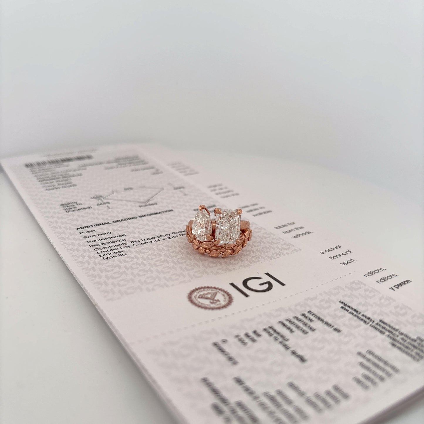 GIA 14K Rose Gold Lab Pear and Emerald