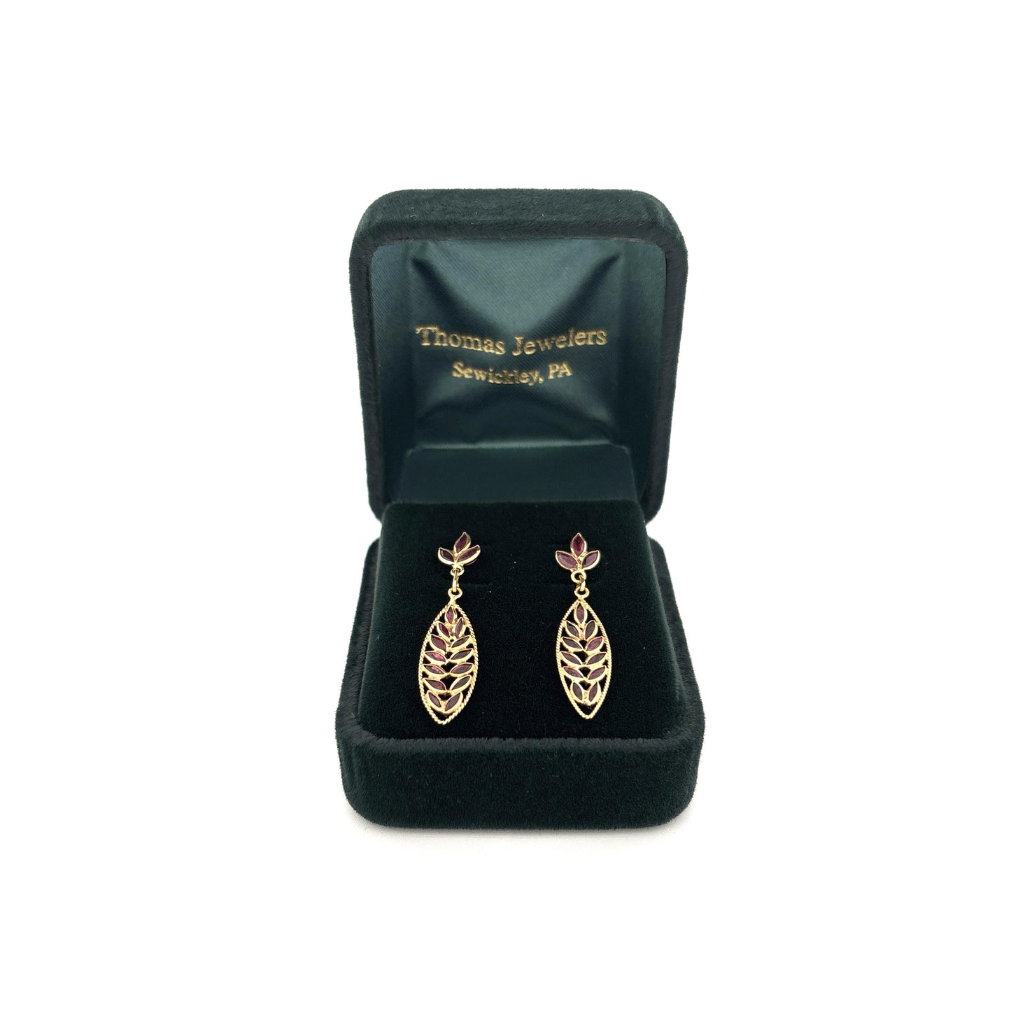 18K YG Ruby Dangle Leaf Earrings