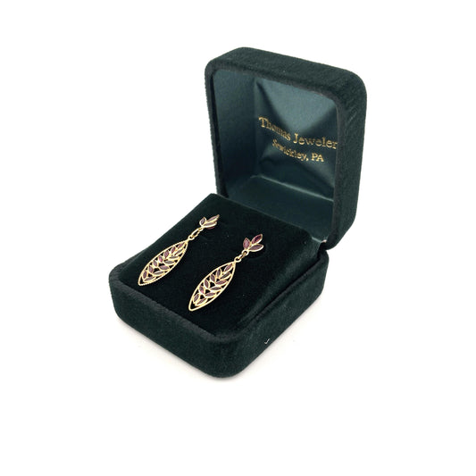 18K YG Ruby Dangle Leaf Earrings