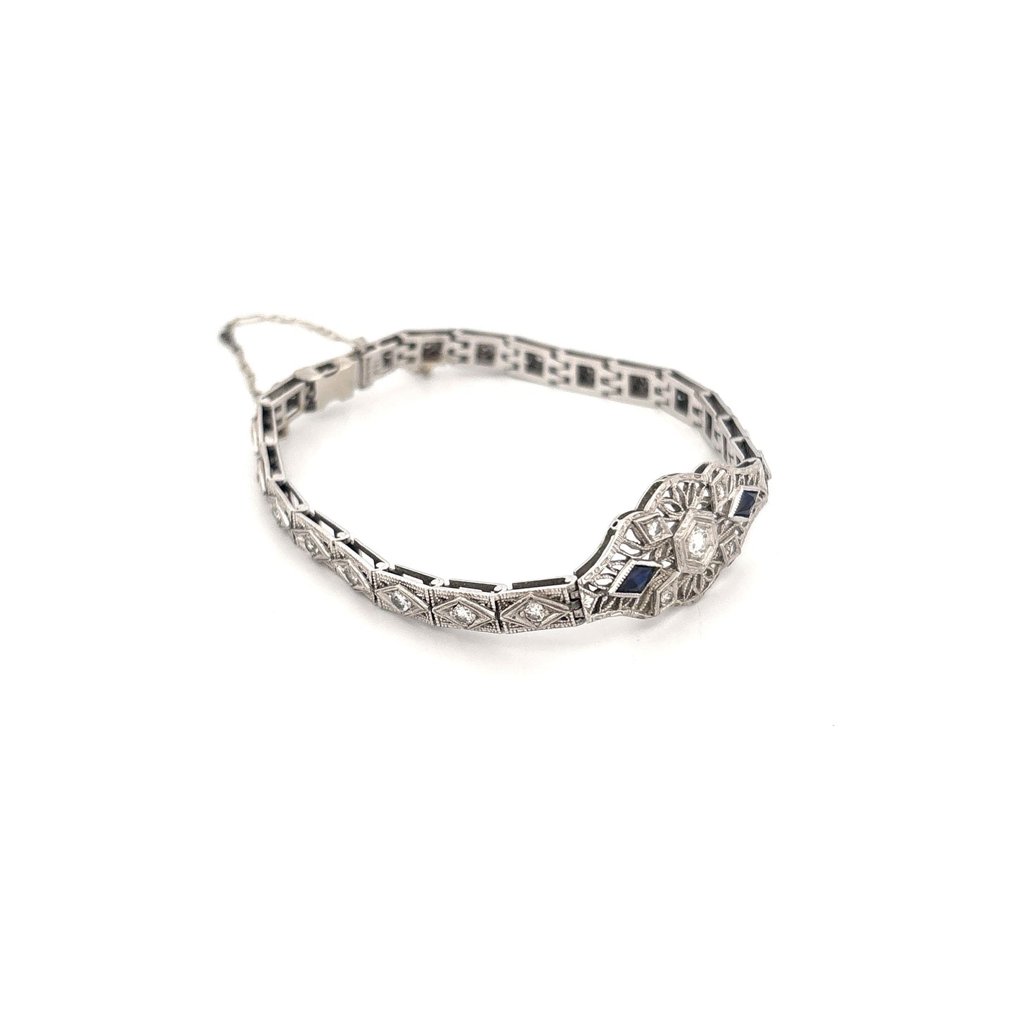 1920s-40s 18K White Gold and Plat. Top Diamond .70 and Sapphire .20 Bracelet