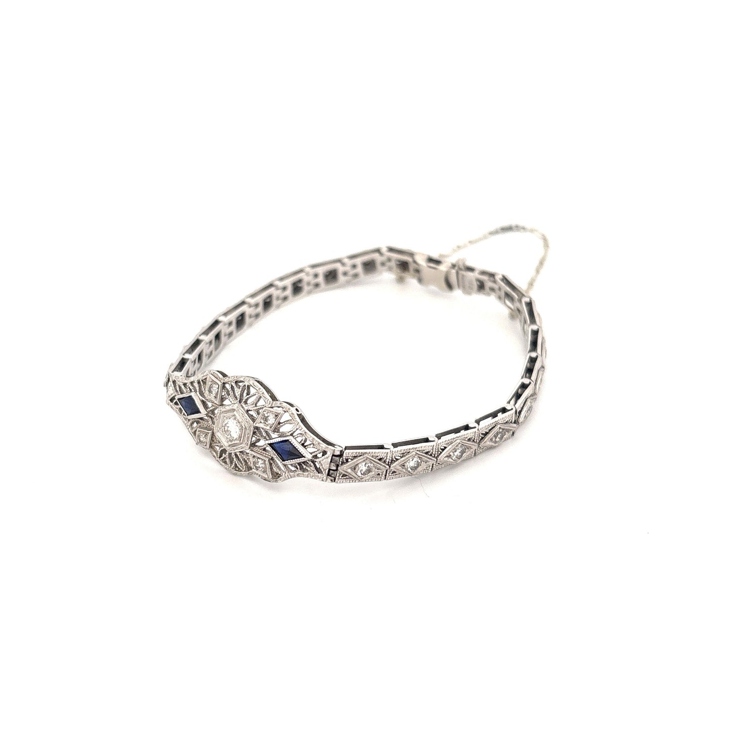 1920s-40s 18K White Gold and Plat. Top Diamond .70 and Sapphire .20 Bracelet