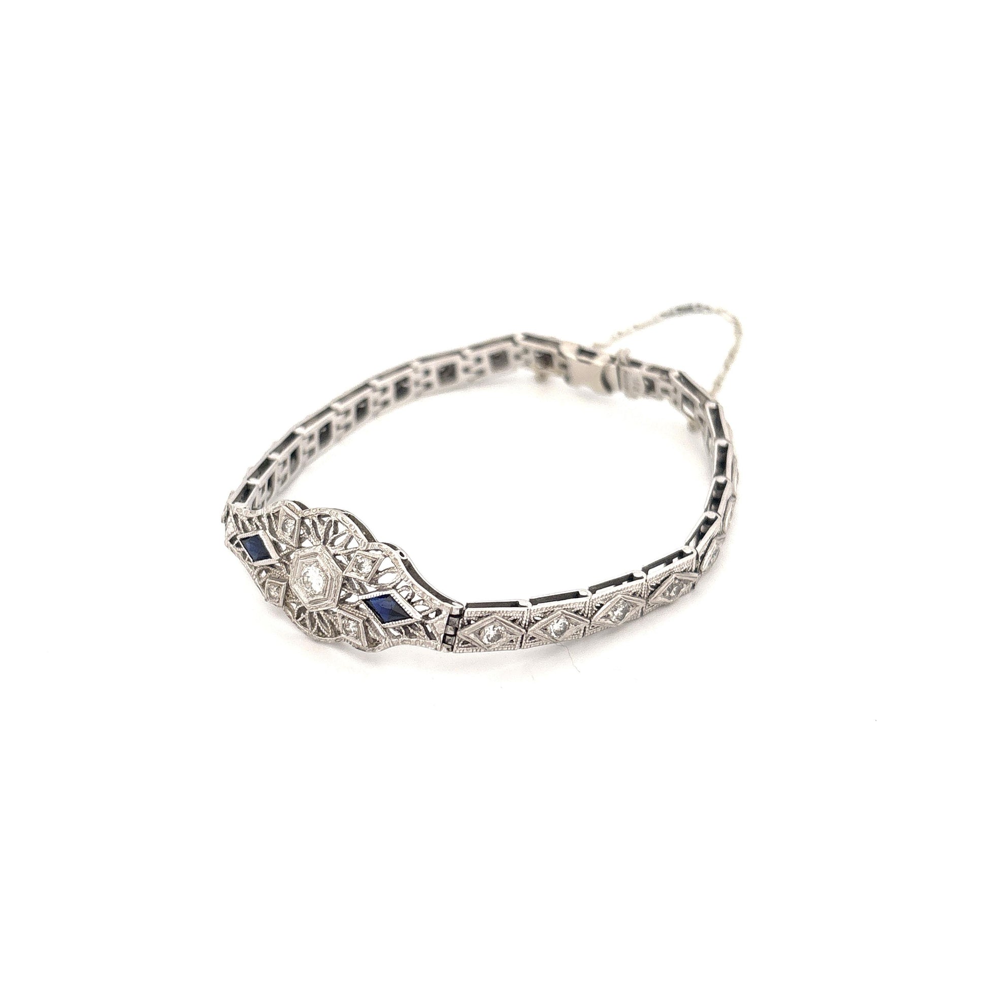 1920s-40s 18K White Gold and Plat. Top Diamond .70 and Sapphire .20 Bracelet