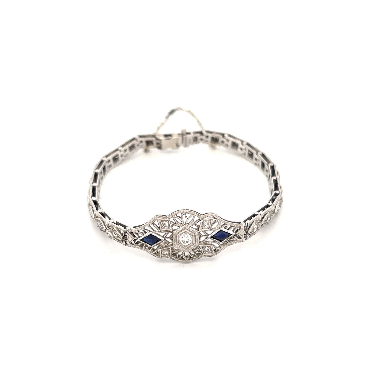 1920s-40s 18K White Gold and Plat. Top Diamond .70 and Sapphire .20 Bracelet