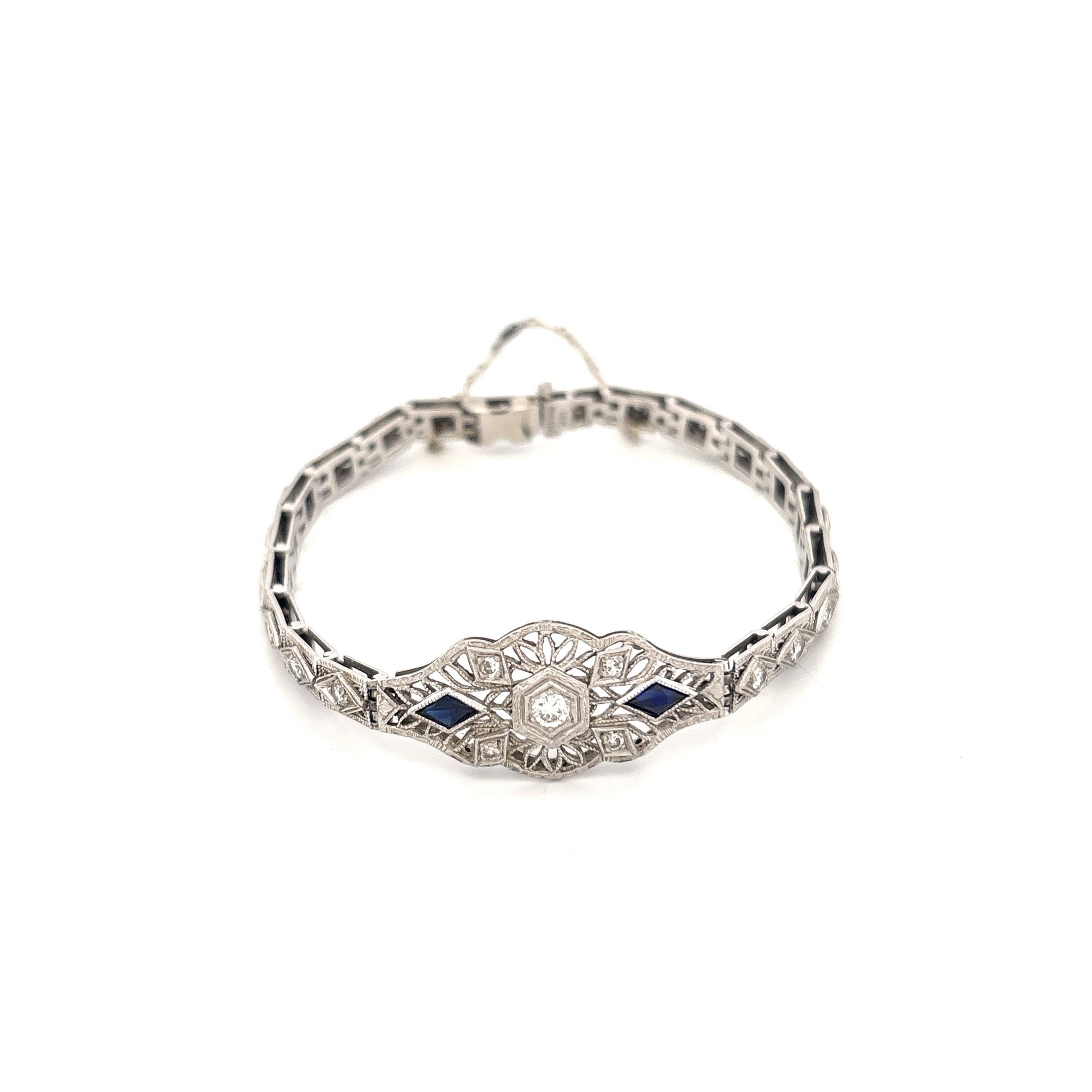 1920s-40s 18K White Gold and Plat. Top Diamond .70 and Sapphire .20 Bracelet