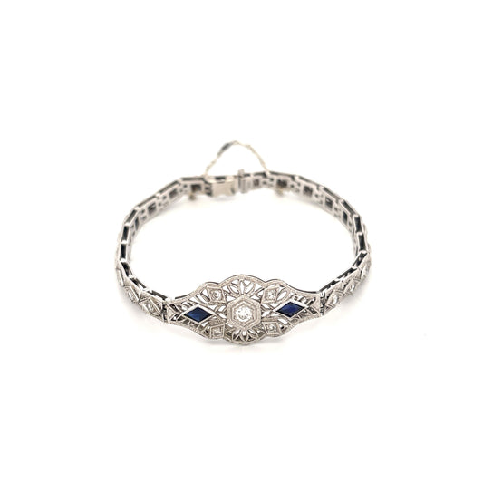 1920s-40s 18K White Gold and Plat. Top Diamond .70 and Sapphire .20 Bracelet
