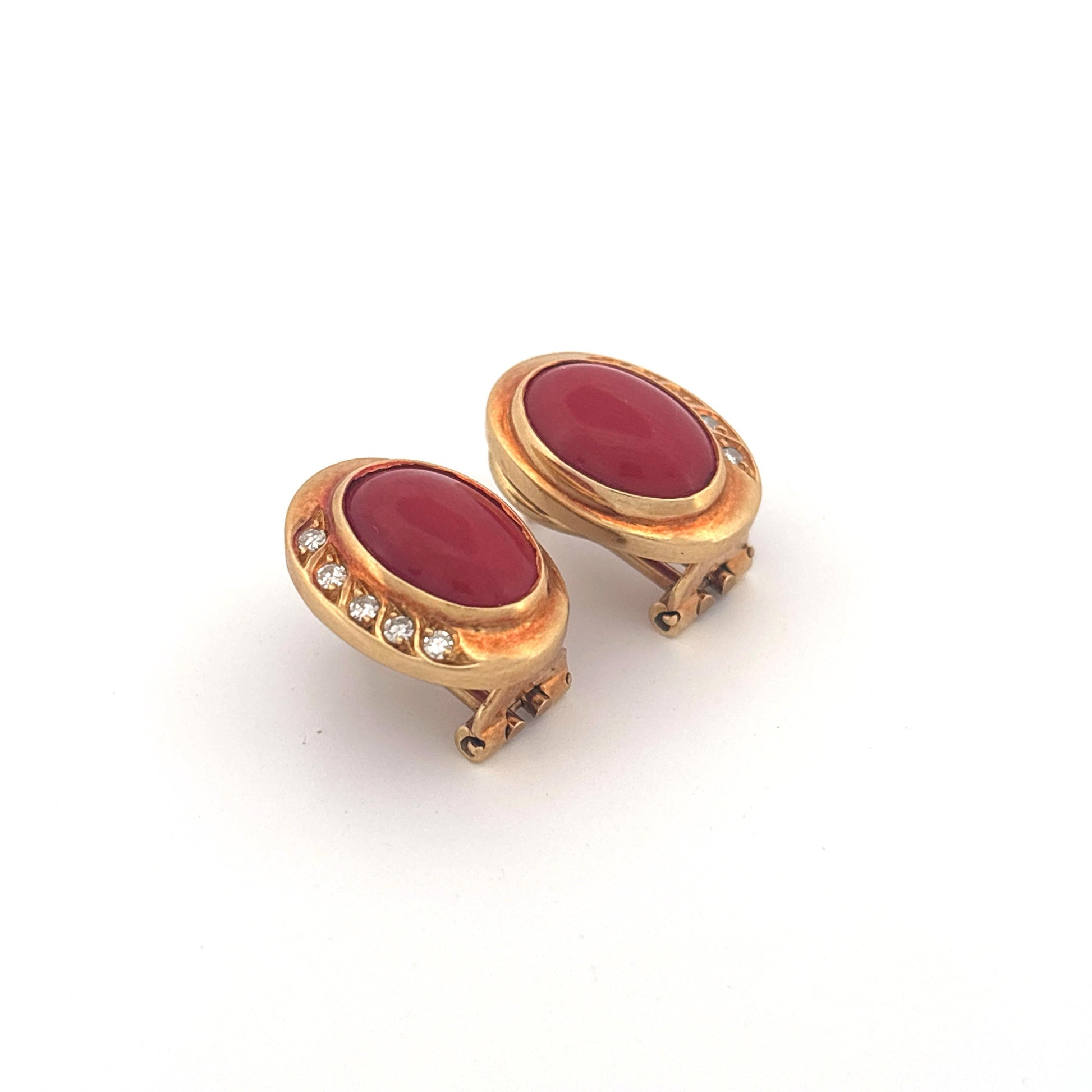 18K Yellow Gold Coral and Diamond Lever Back Earrings