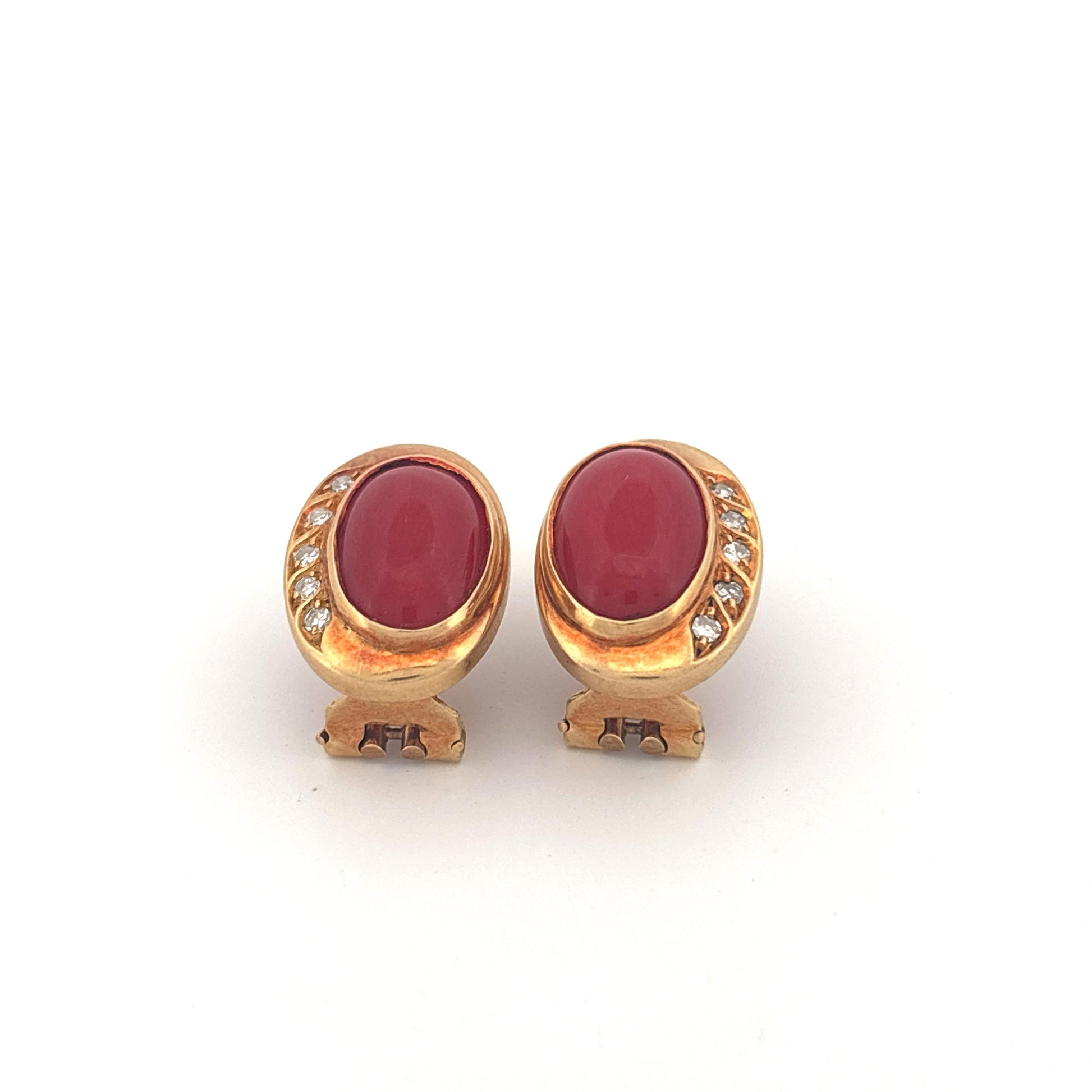 18K Yellow Gold Coral and Diamond Lever Back Earrings