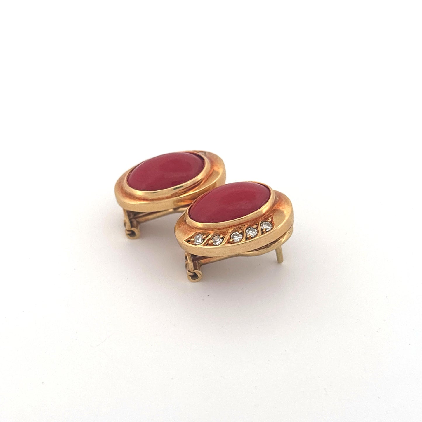 18K Yellow Gold Coral and Diamond Lever Back Earrings