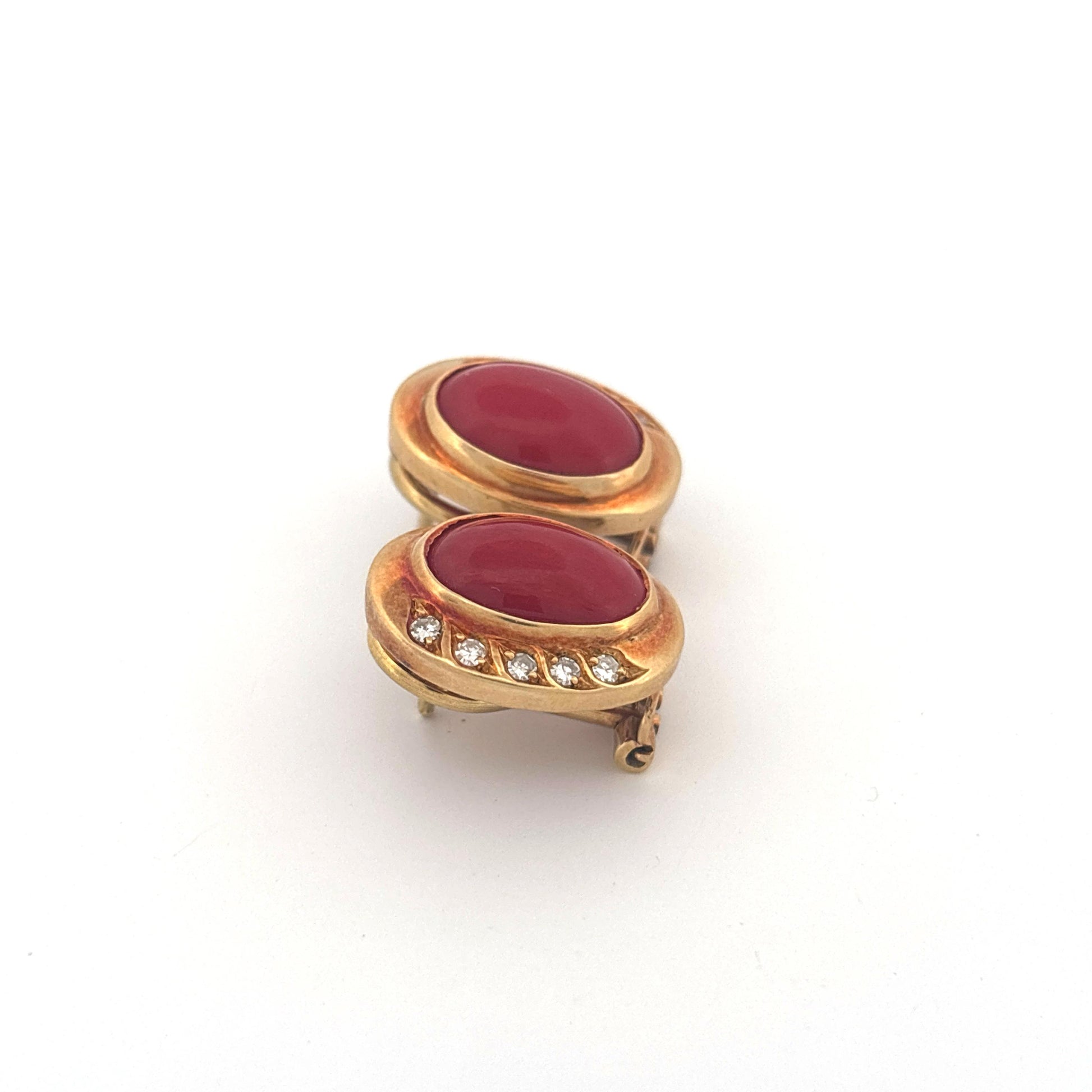 18K Yellow Gold Coral and Diamond Lever Back Earrings