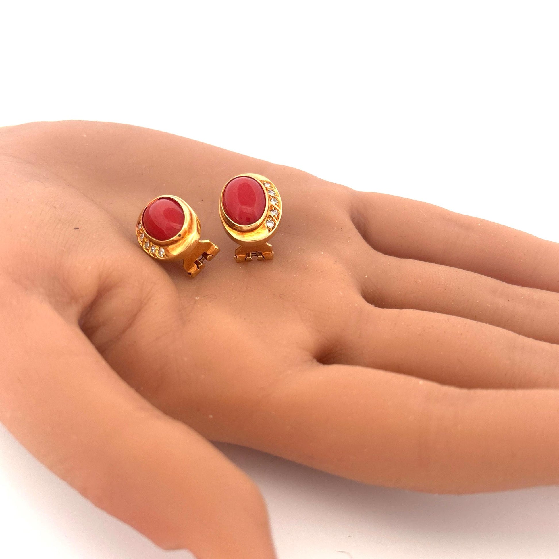 18K Yellow Gold Coral and Diamond Lever Back Earrings