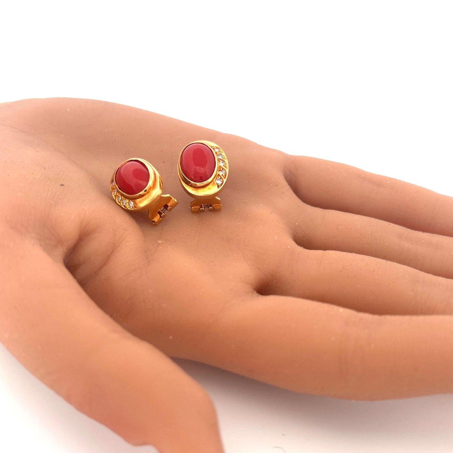 18K Yellow Gold Coral and Diamond Lever Back Earrings