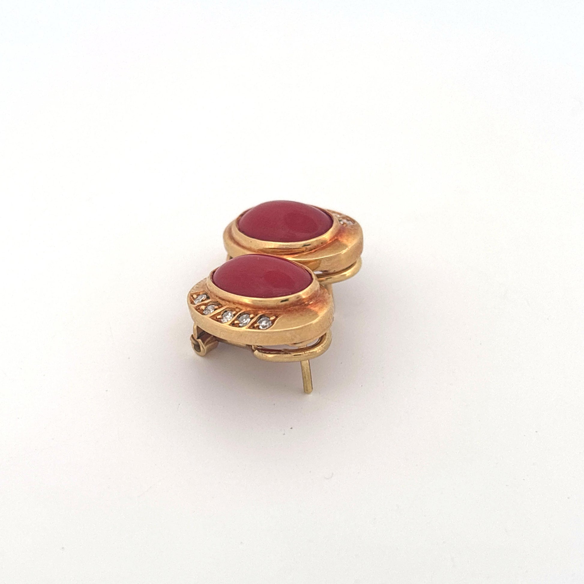 18K Yellow Gold Coral and Diamond Lever Back Earrings