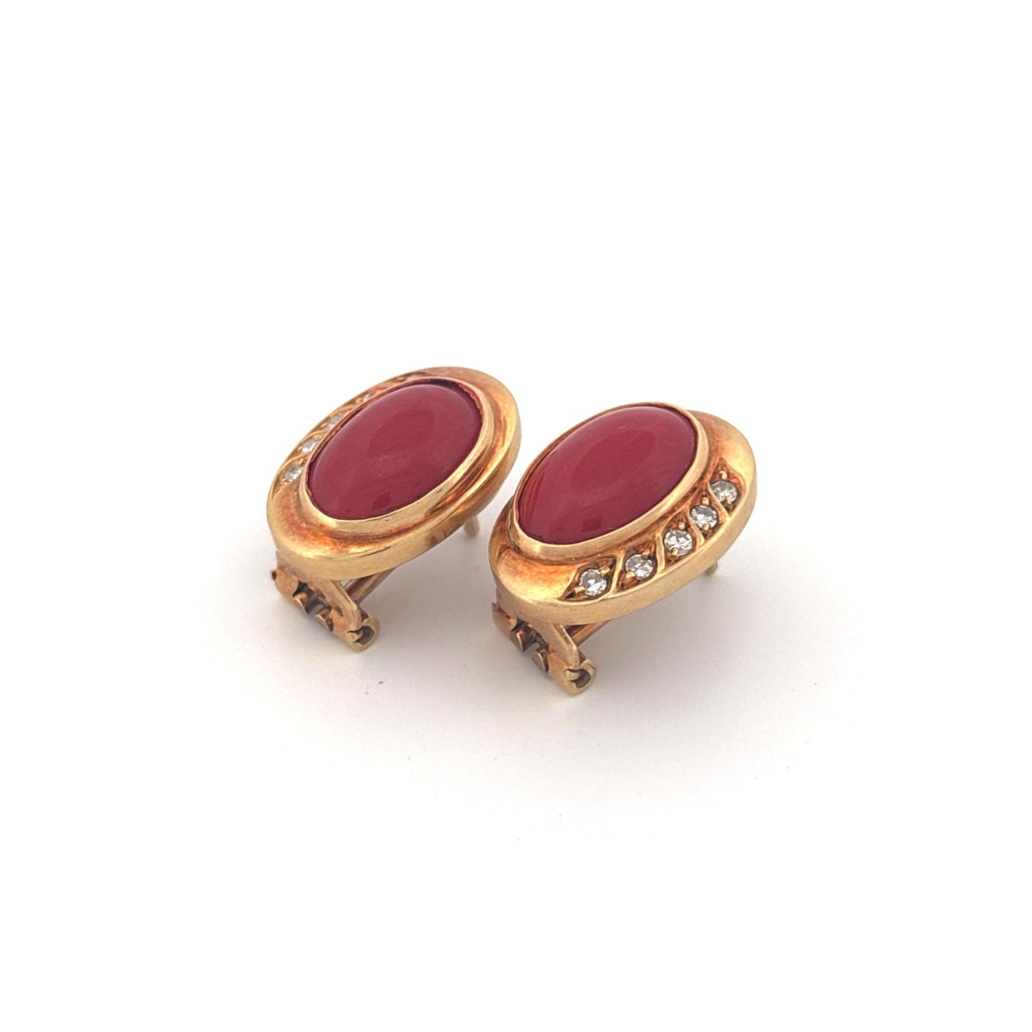 18K Yellow Gold Coral and Diamond Lever Back Earrings