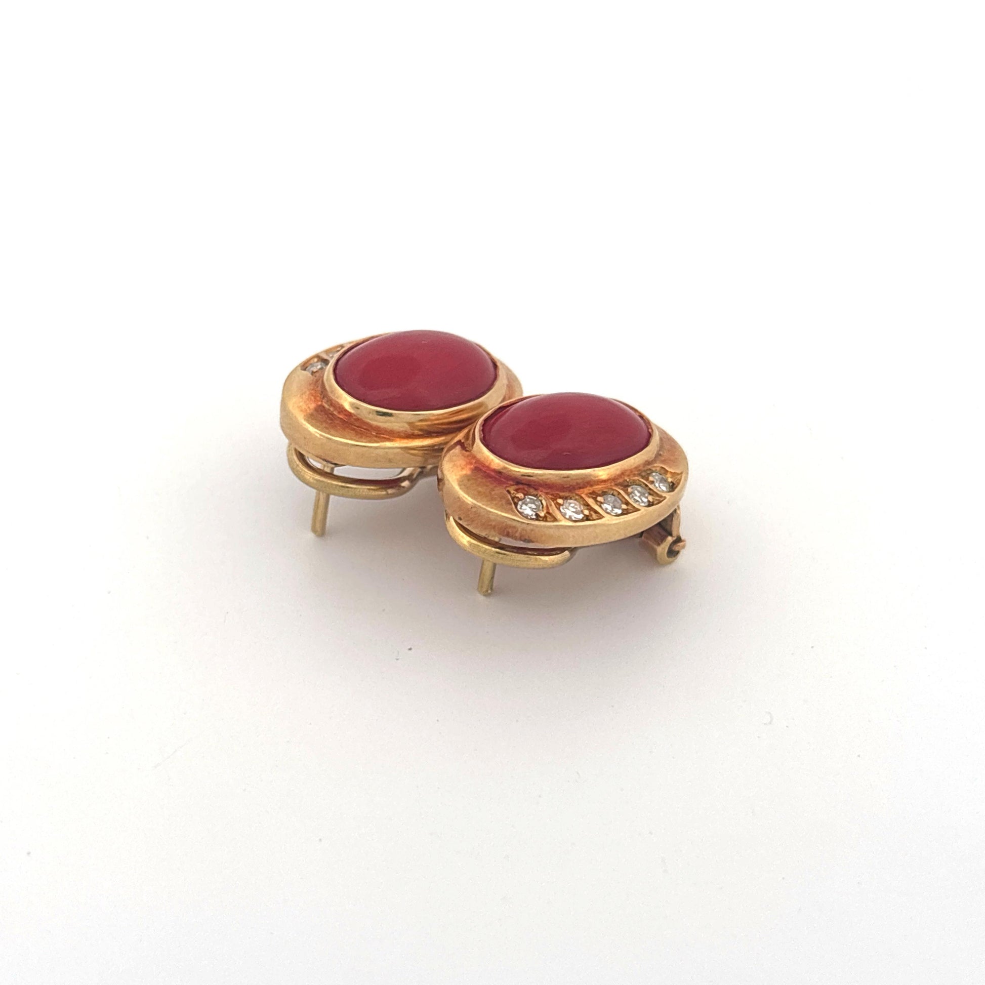 18K Yellow Gold Coral and Diamond Lever Back Earrings