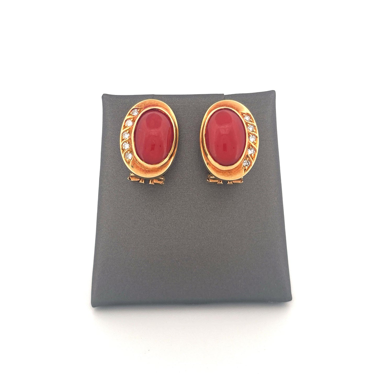18K Yellow Gold Coral and Diamond Lever Back Earrings