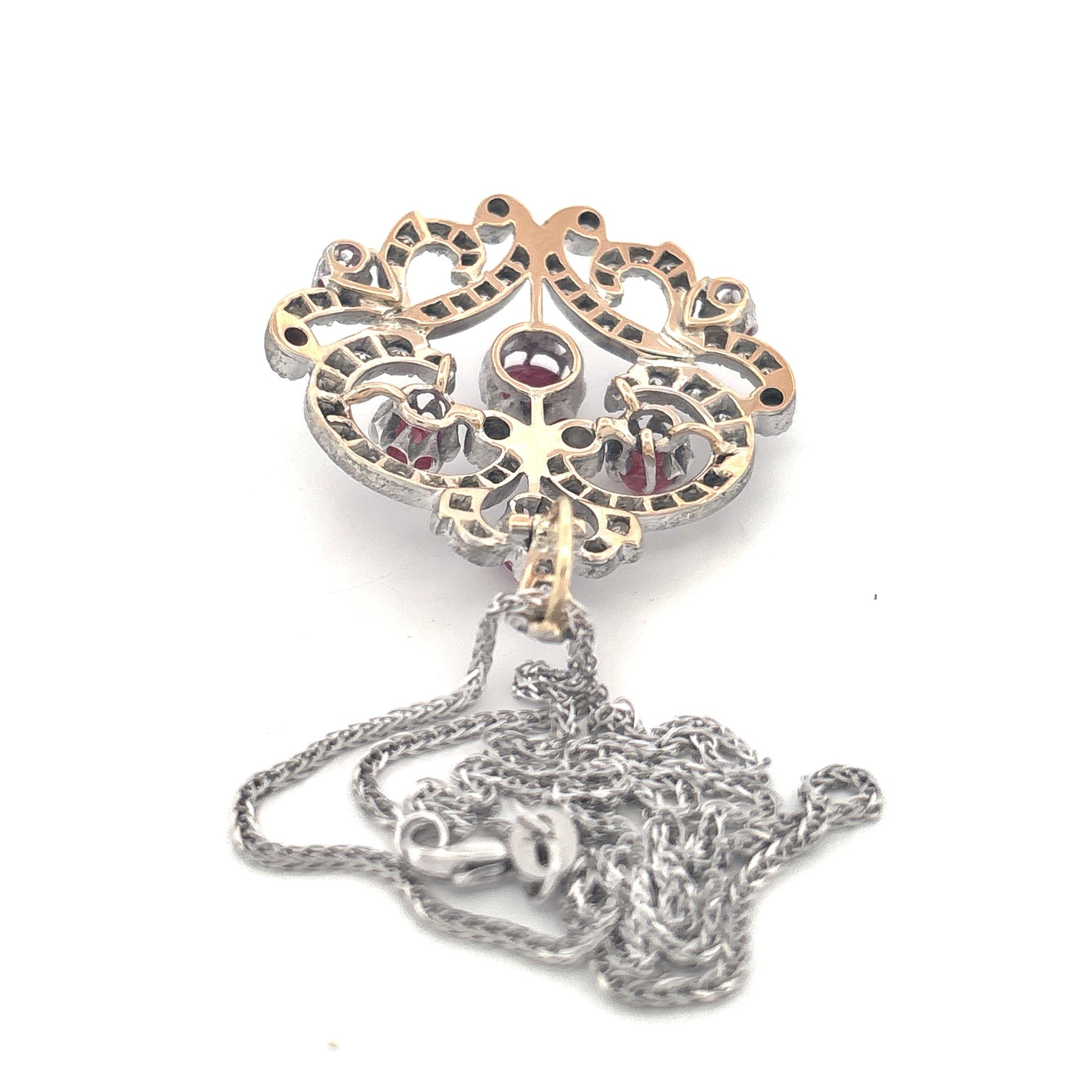 14K Two Tone Cabochon Cut Ruby and Diamond Brooch/Pendant Necklace PRICE NEEDED