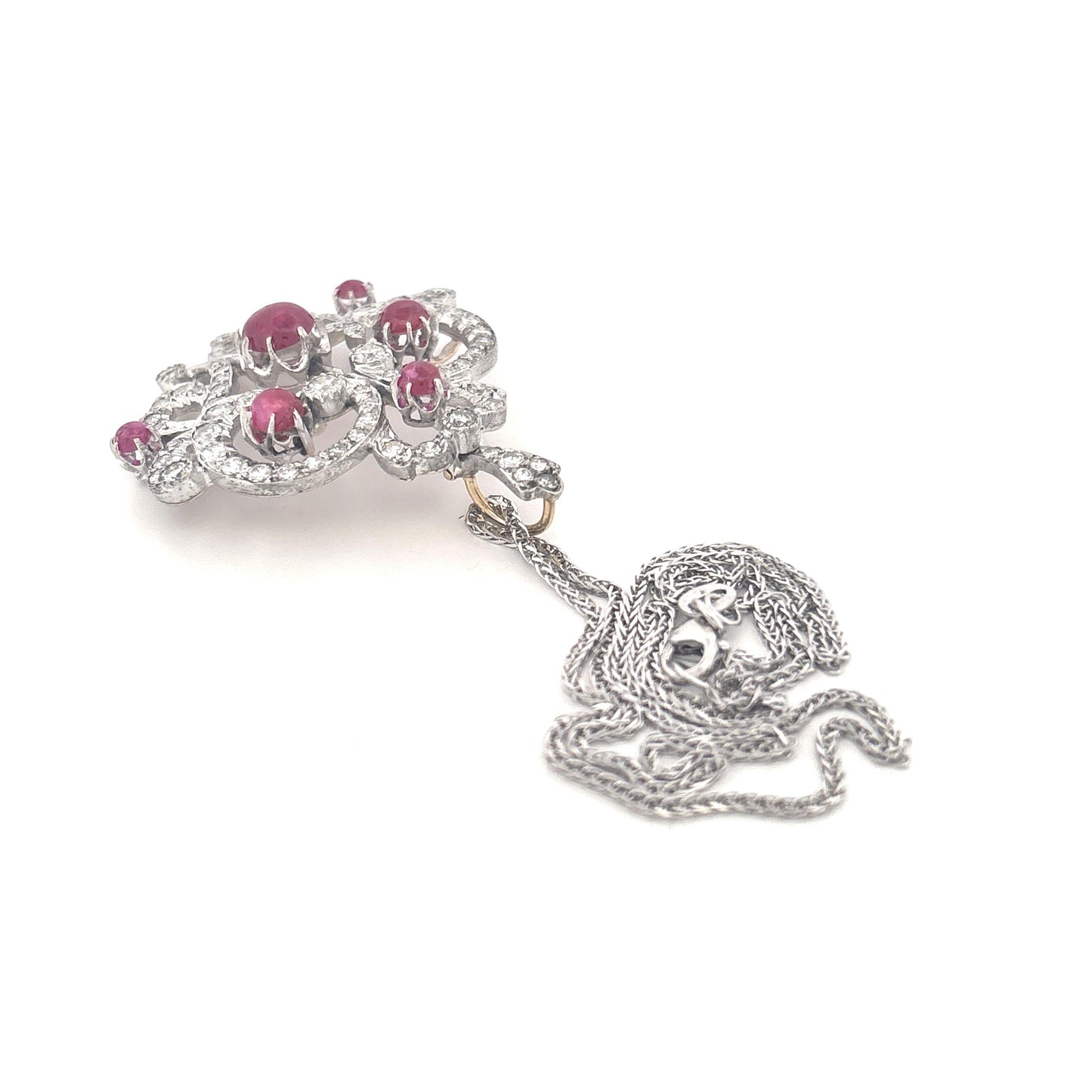 14K Two Tone Cabochon Cut Ruby and Diamond Brooch/Pendant Necklace PRICE NEEDED
