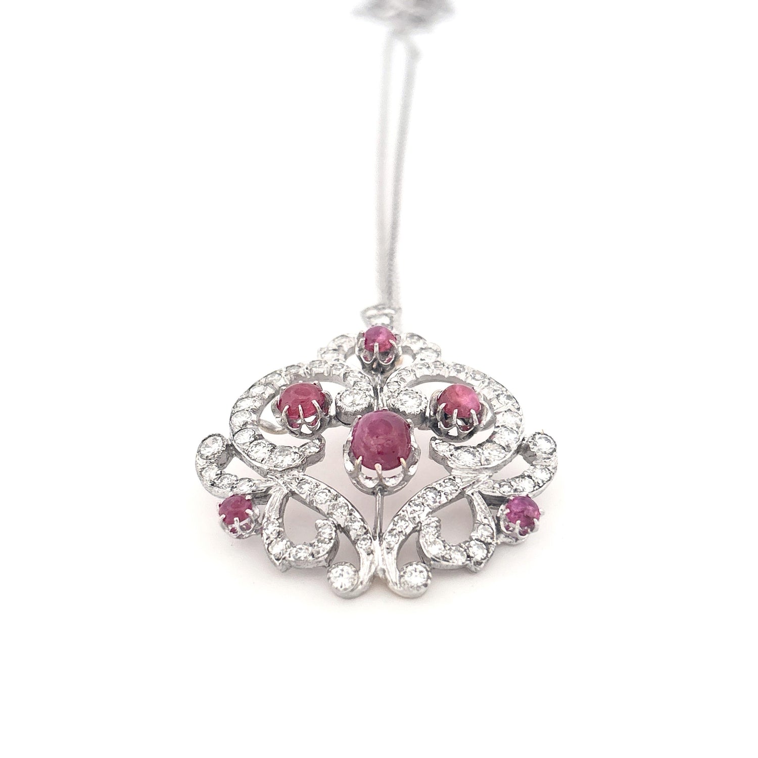 14K Two Tone Cabochon Cut Ruby and Diamond Brooch/Pendant Necklace PRICE NEEDED
