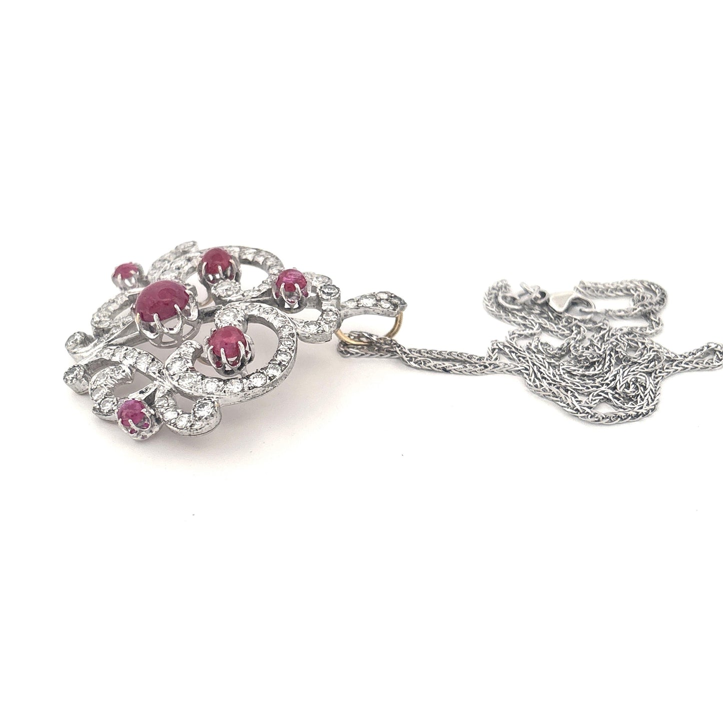 14K Two Tone Cabochon Cut Ruby and Diamond Brooch/Pendant Necklace PRICE NEEDED