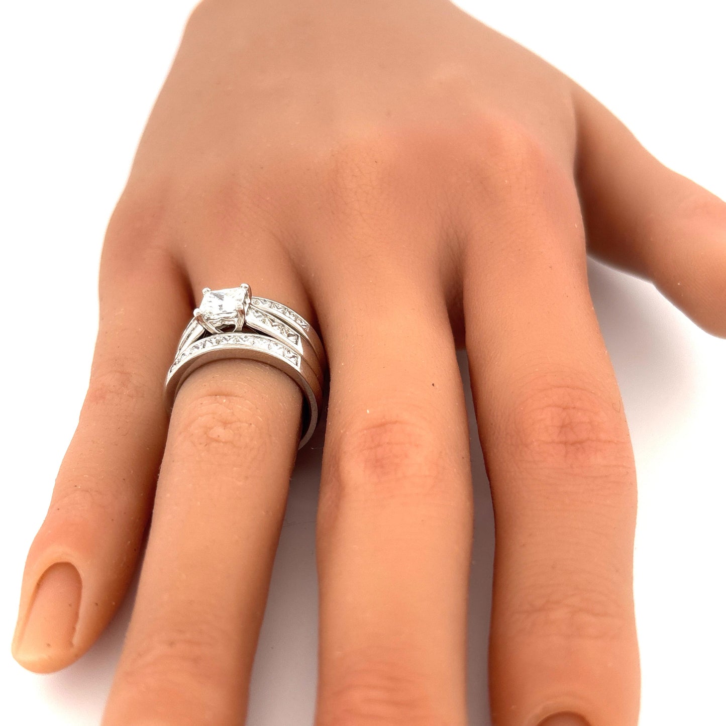 Platinum 3 Ring Wedding Set Engagement 1.02c Side 0.33ctw G VS1 Bands are 0.5