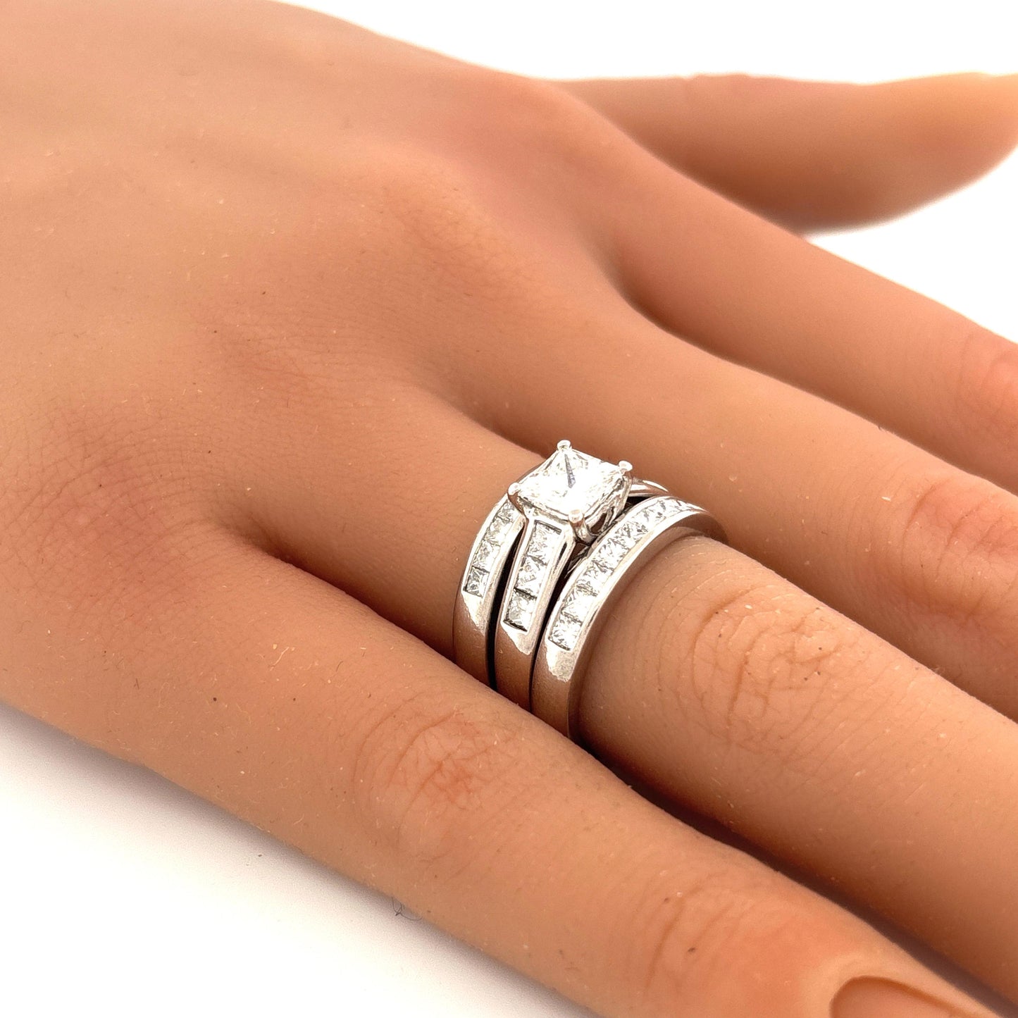 Platinum 3 Ring Wedding Set Engagement 1.02c Side 0.33ctw G VS1 Bands are 0.5