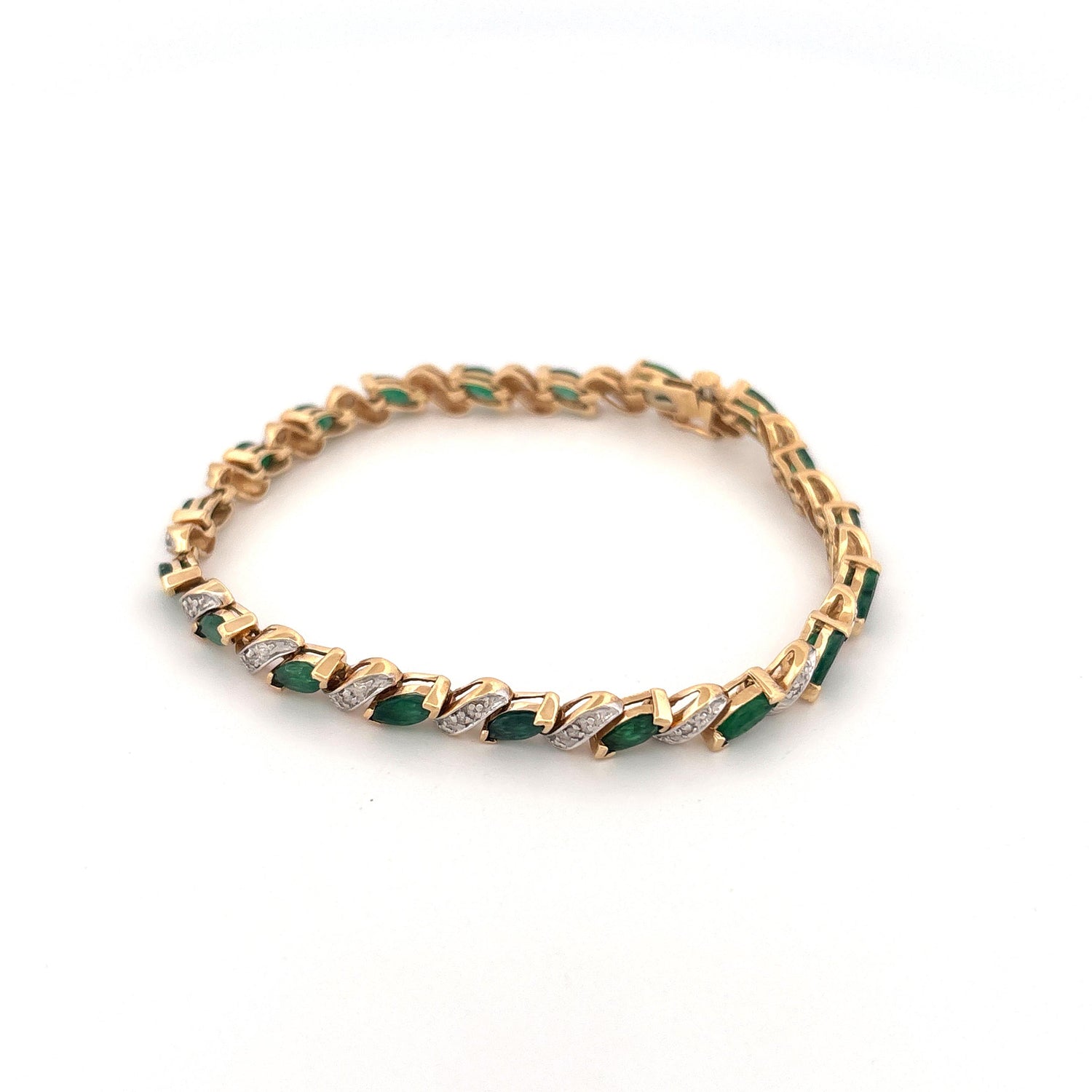 14K Yellow Gold Emerald Marquise 2.85ct and Diamond 0.095ct Tennis Bracelet