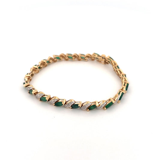 14K Yellow Gold Emerald Marquise 2.85ct and Diamond 0.095ct Tennis Bracelet