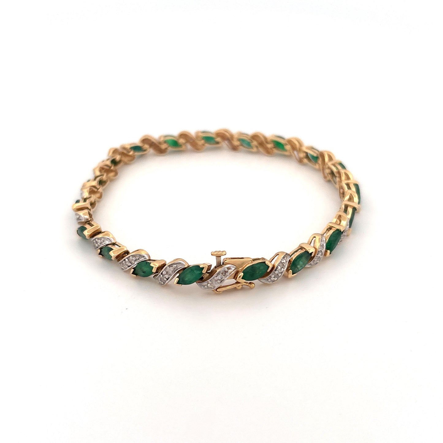 14K Yellow Gold Emerald Marquise 2.85ct and Diamond 0.095ct Tennis Bracelet