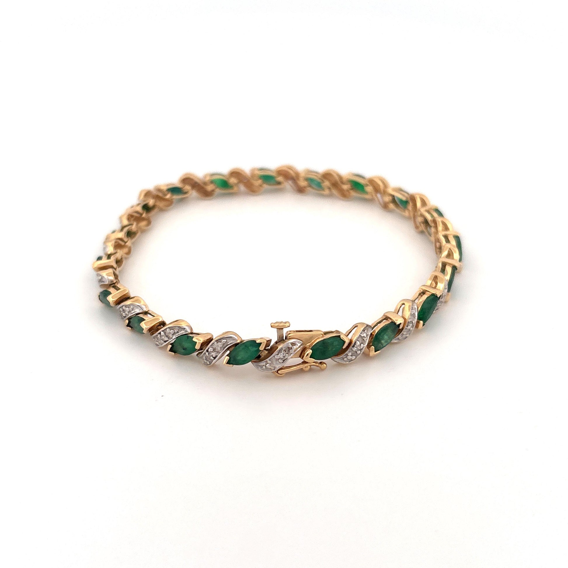 14K Yellow Gold Emerald Marquise 2.85ct and Diamond 0.095ct Tennis Bracelet
