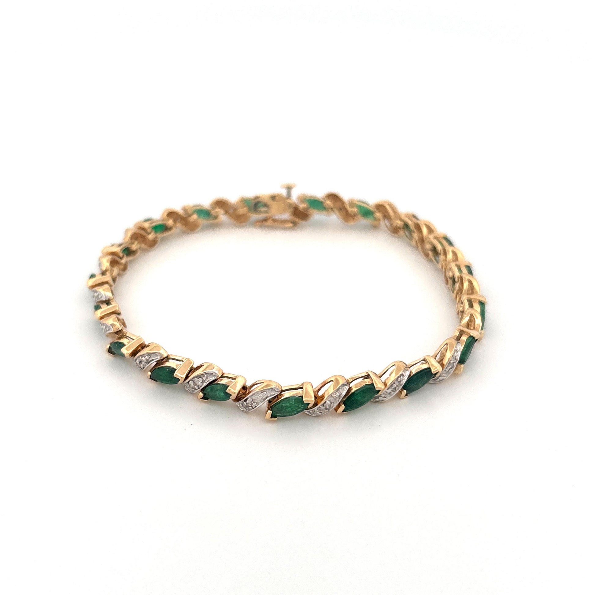 14K Yellow Gold Emerald Marquise 2.85ct and Diamond 0.095ct Tennis Bracelet