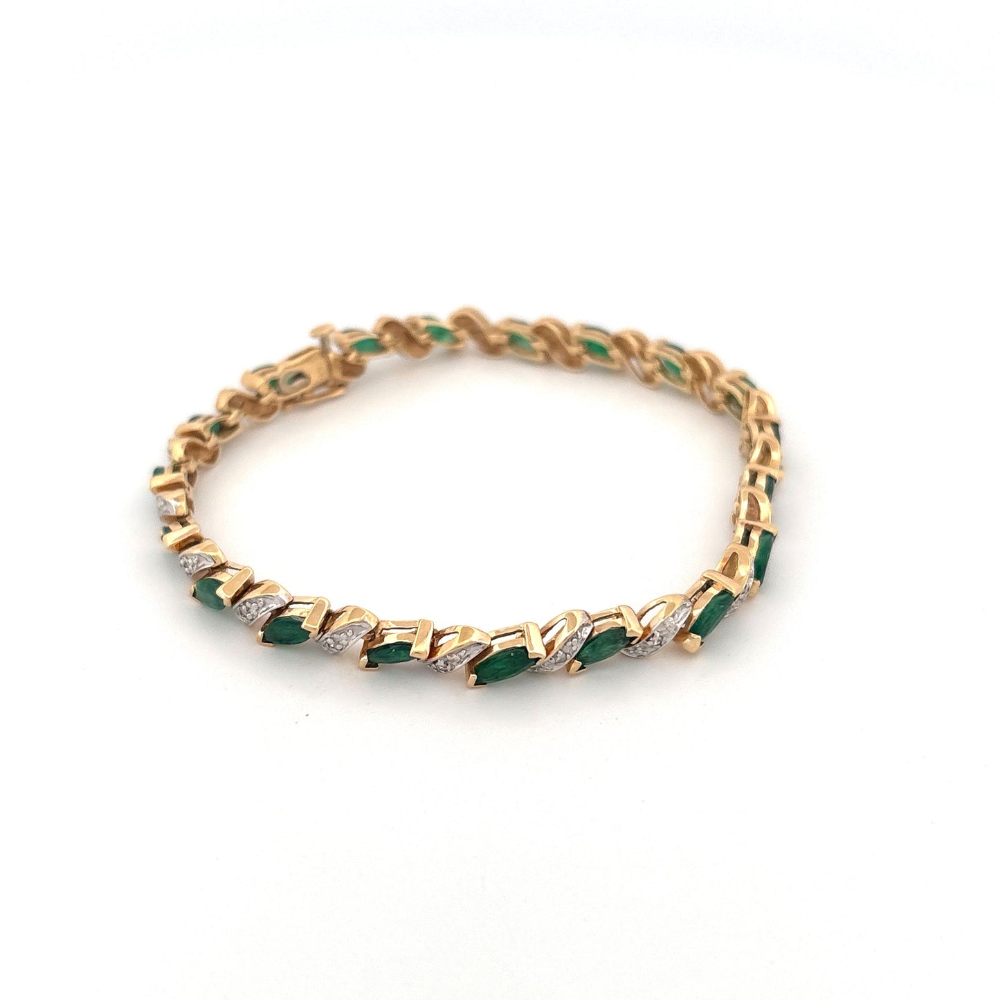 14K Yellow Gold Emerald Marquise 2.85ct and Diamond 0.095ct Tennis Bracelet
