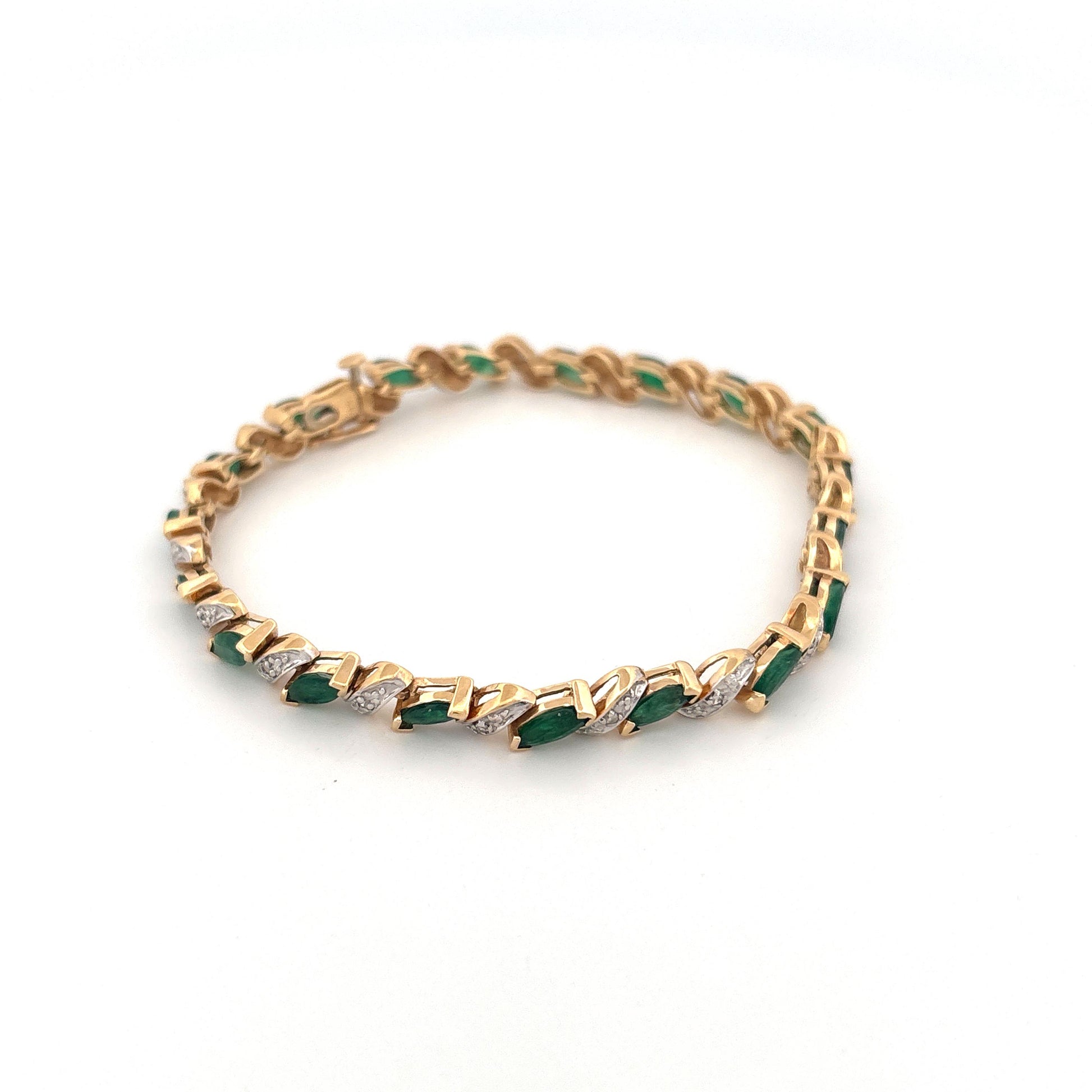 14K Yellow Gold Emerald Marquise 2.85ct and Diamond 0.095ct Tennis Bracelet