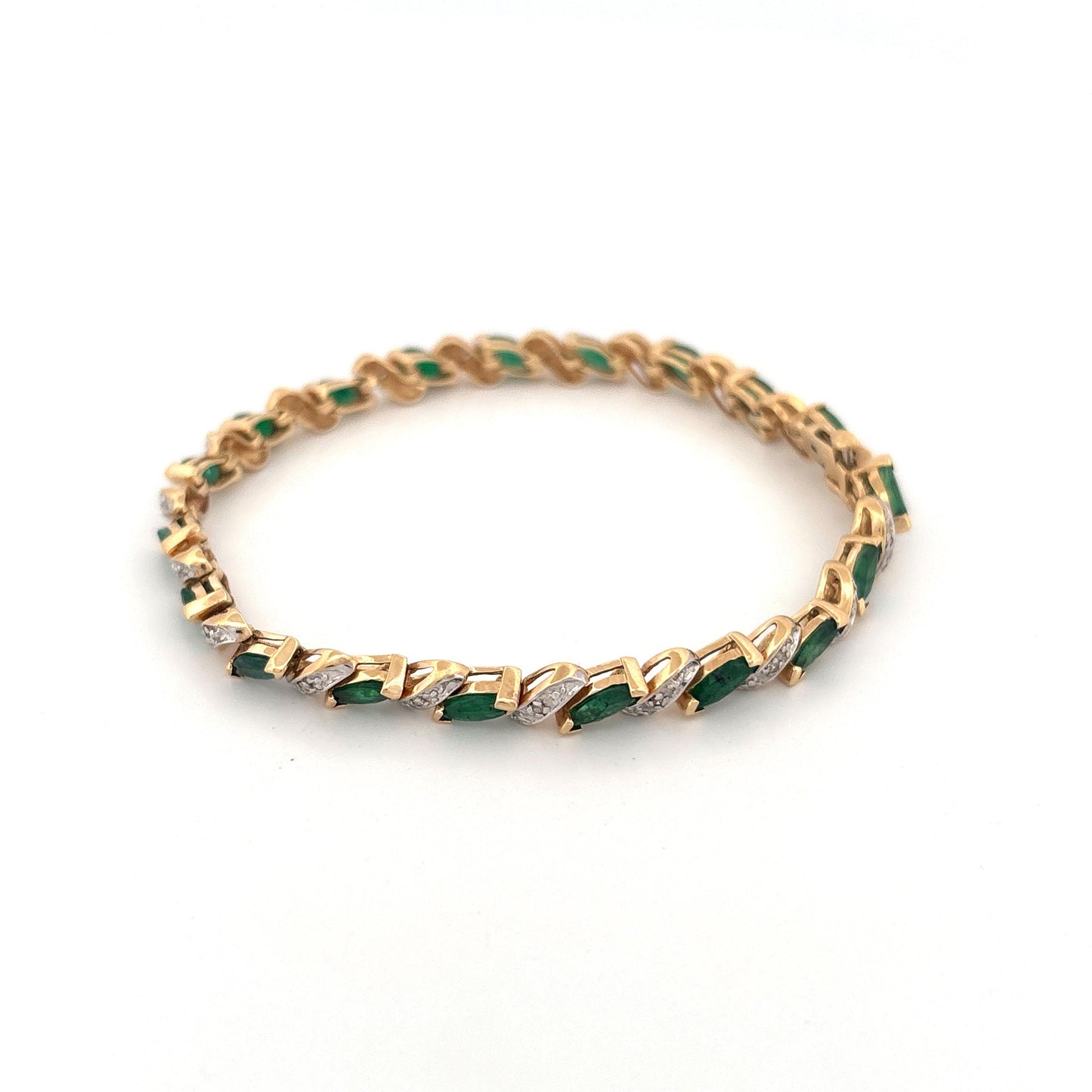 14K Yellow Gold Emerald Marquise 2.85ct and Diamond 0.095ct Tennis Bracelet