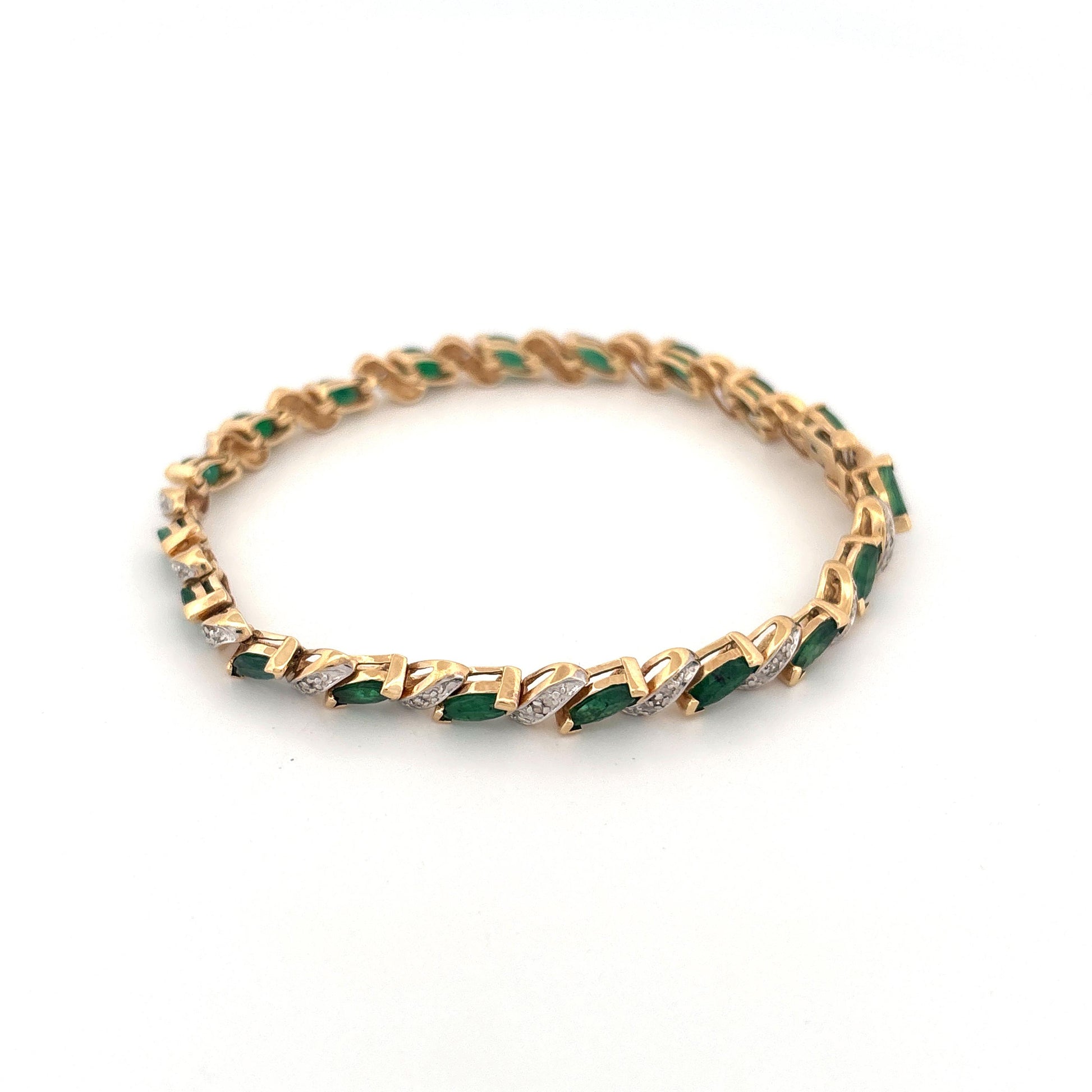 14K Yellow Gold Emerald Marquise 2.85ct and Diamond 0.095ct Tennis Bracelet
