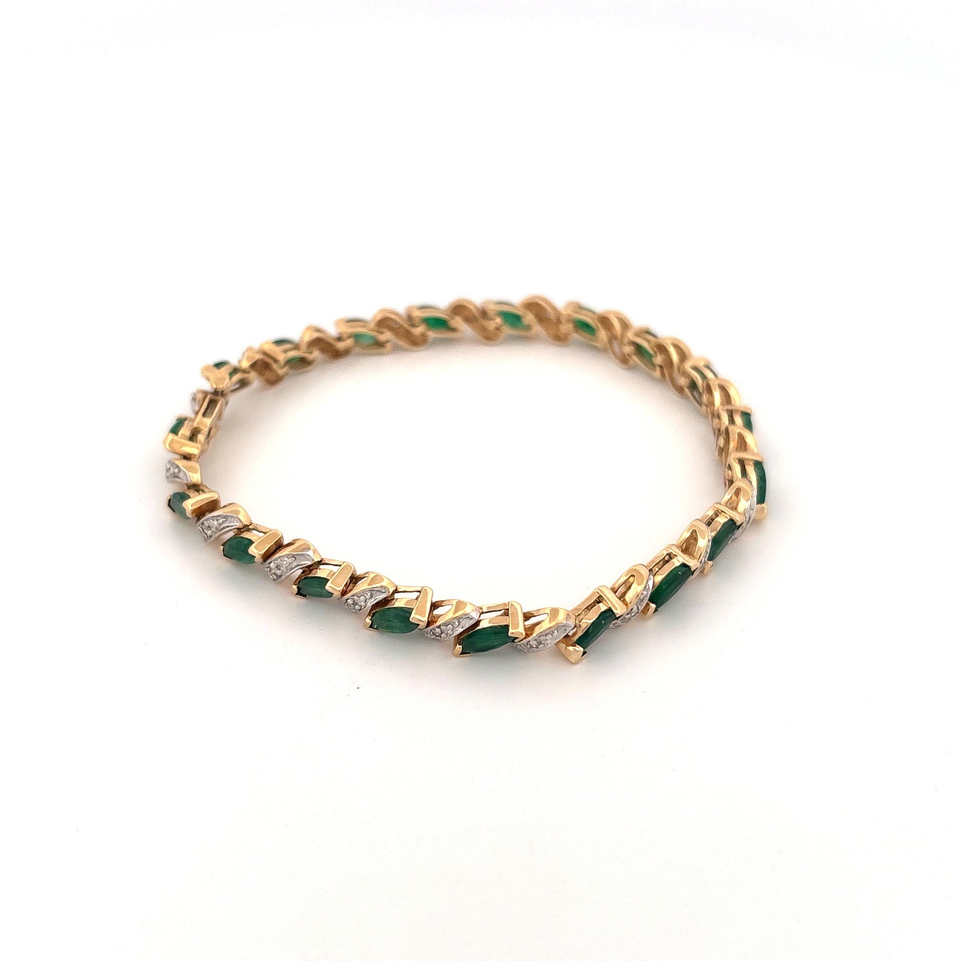 14K Yellow Gold Emerald Marquise 2.85ct and Diamond 0.095ct Tennis Bracelet
