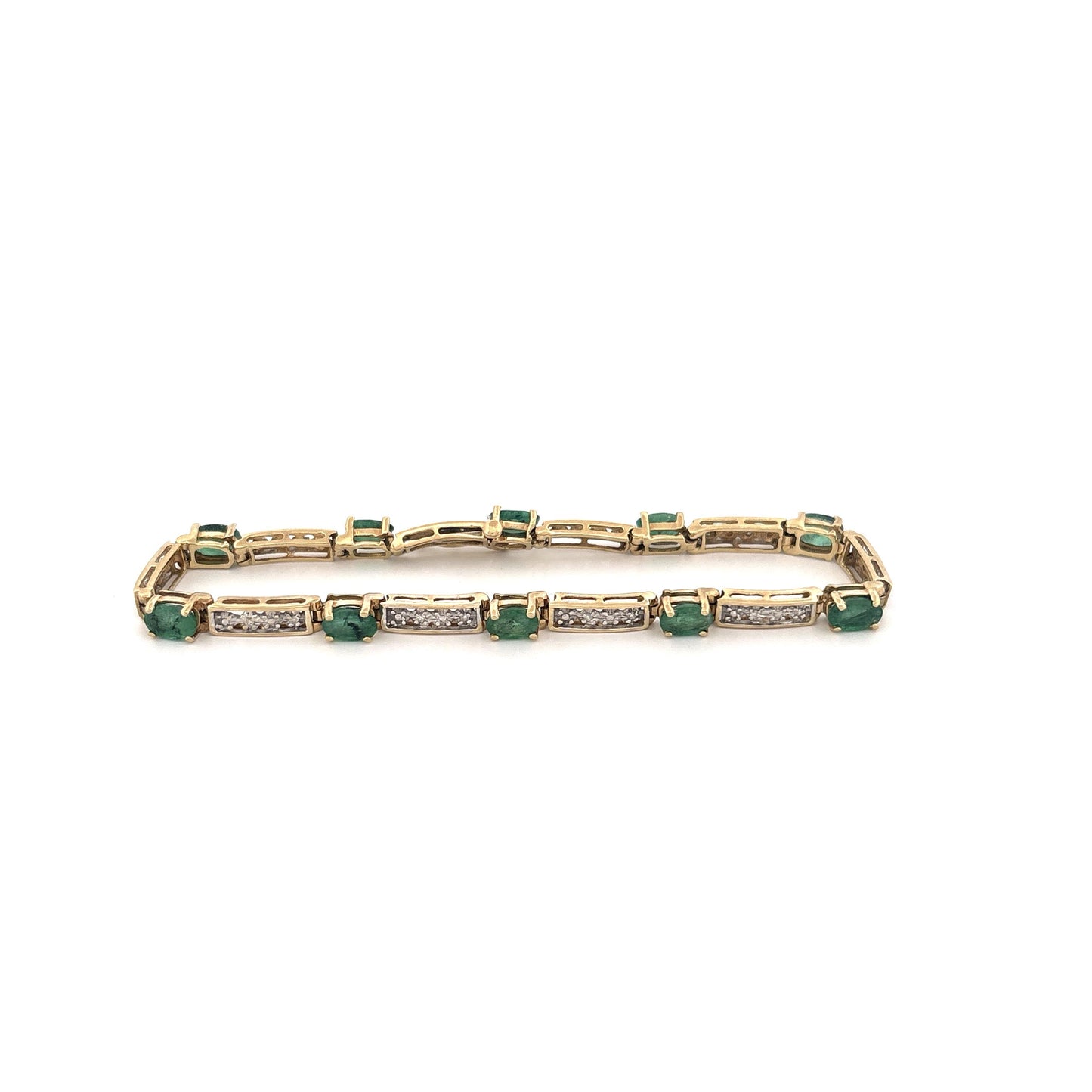 10K Yellow Gold Oval Emerald 1.5ct and Diamond 0.05ct Tennis Bracelet
