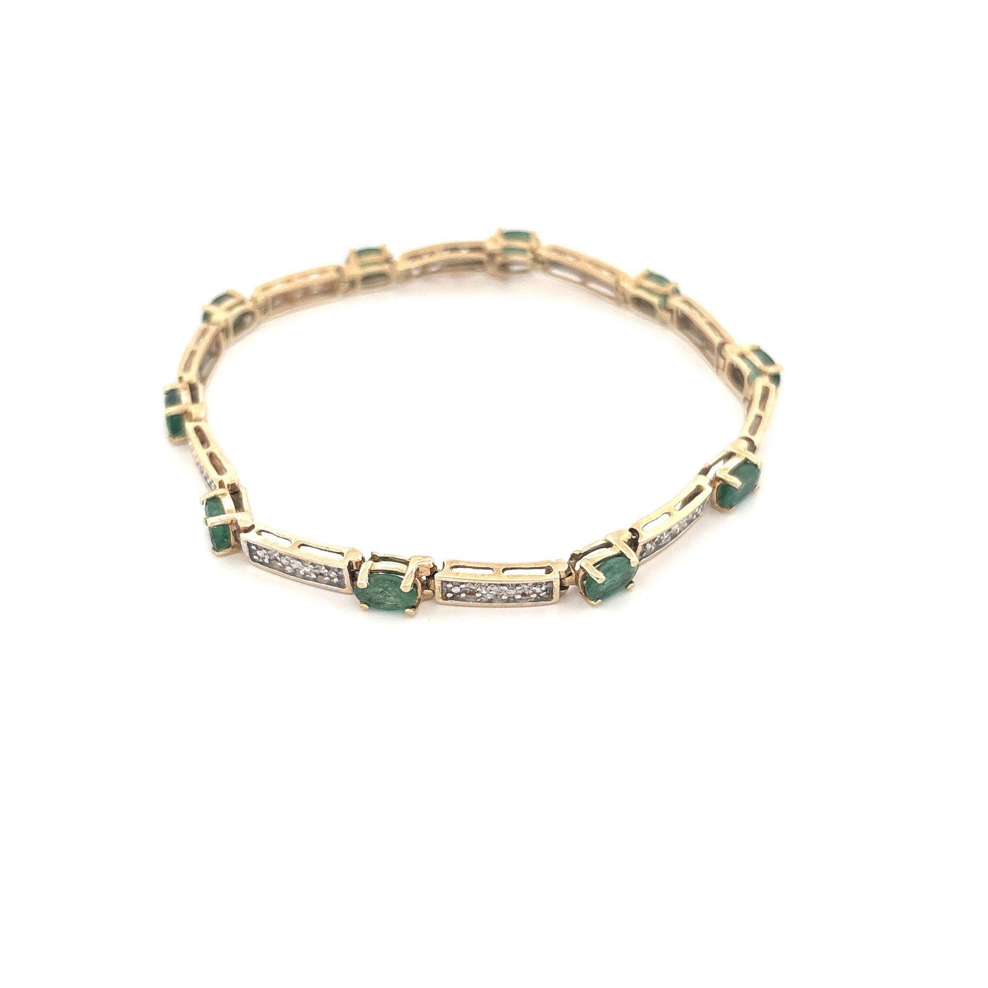 10K Yellow Gold Oval Emerald 1.5ct and Diamond 0.05ct Tennis Bracelet