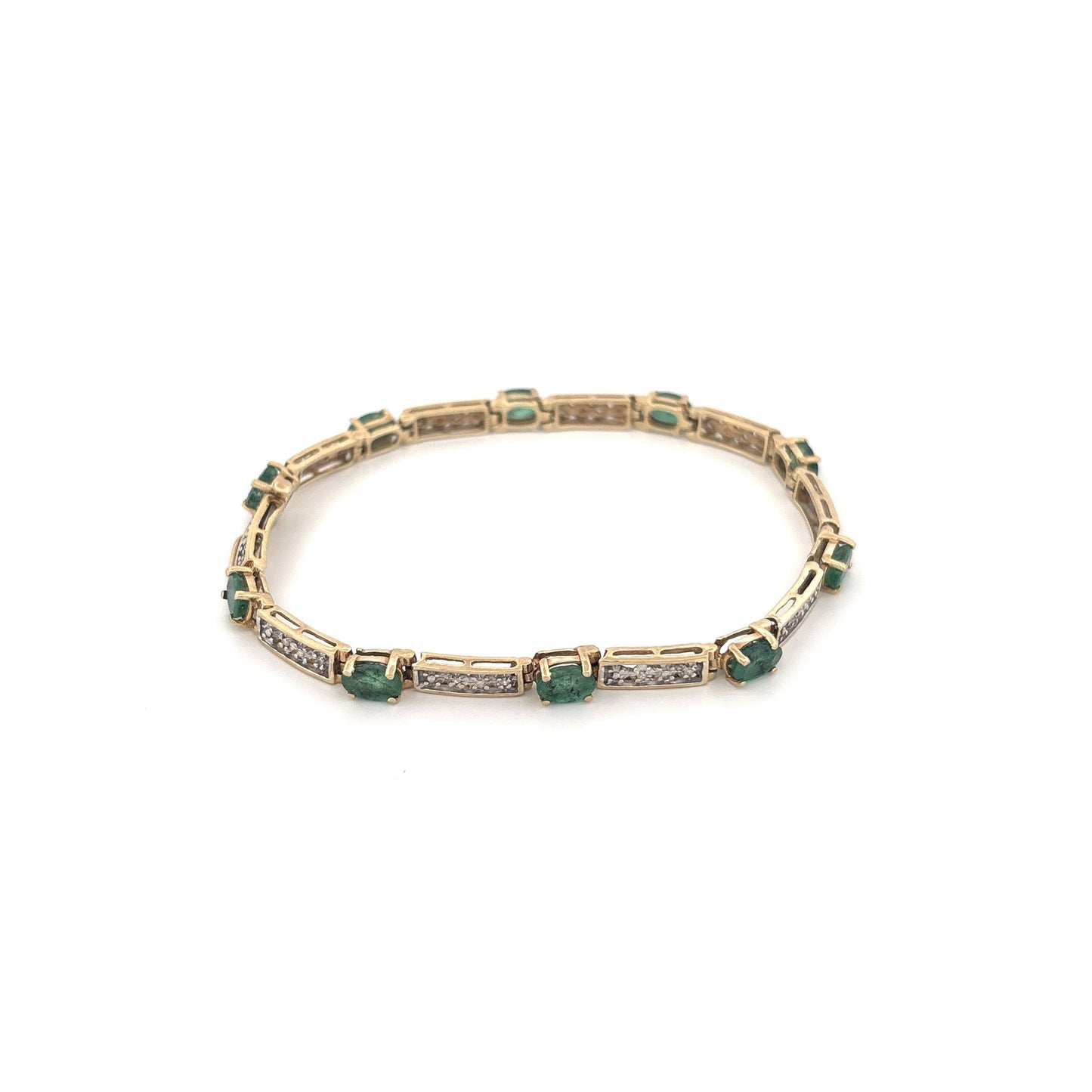 10K Yellow Gold Oval Emerald 1.5ct and Diamond 0.05ct Tennis Bracelet