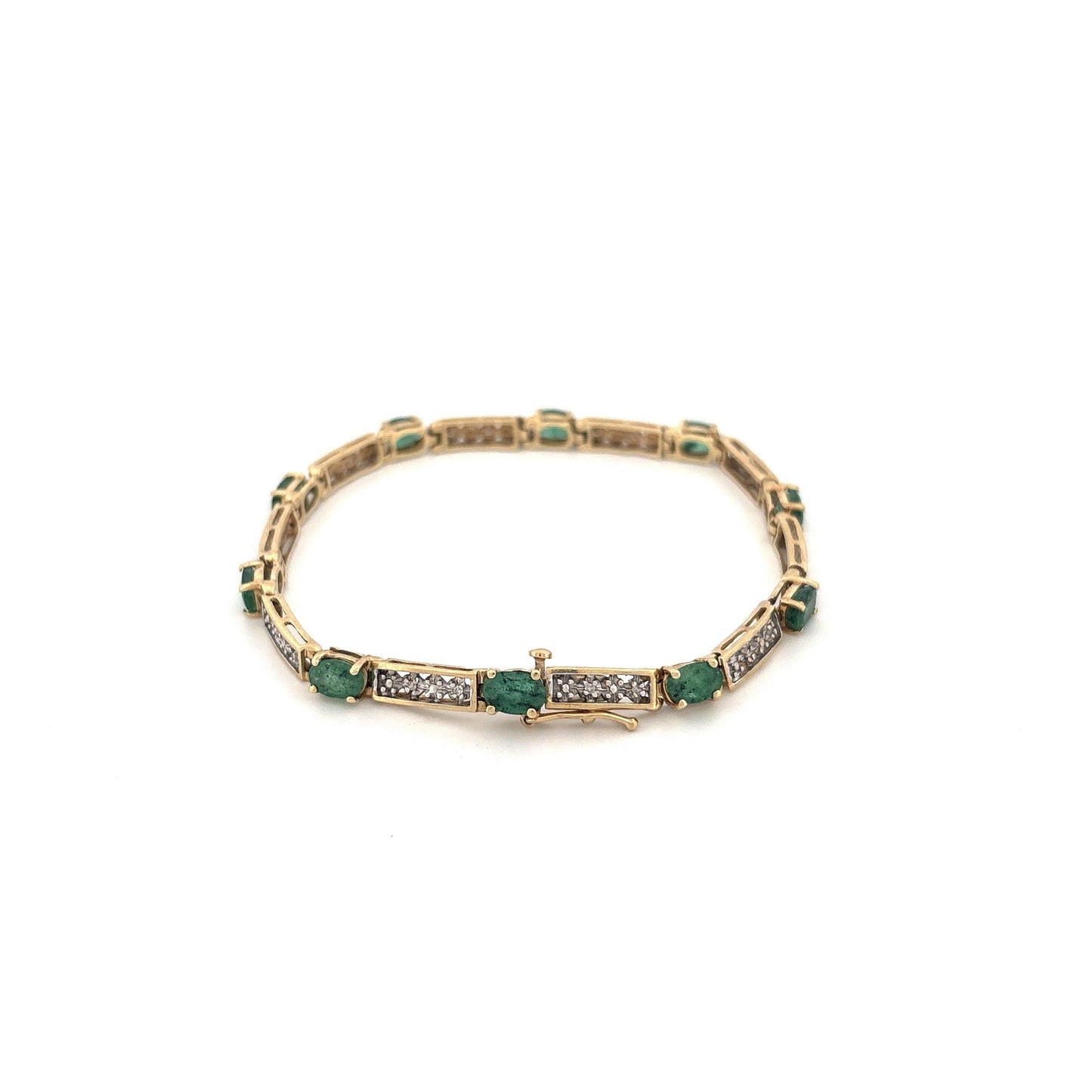 10K Yellow Gold Oval Emerald 1.5ct and Diamond 0.05ct Tennis Bracelet