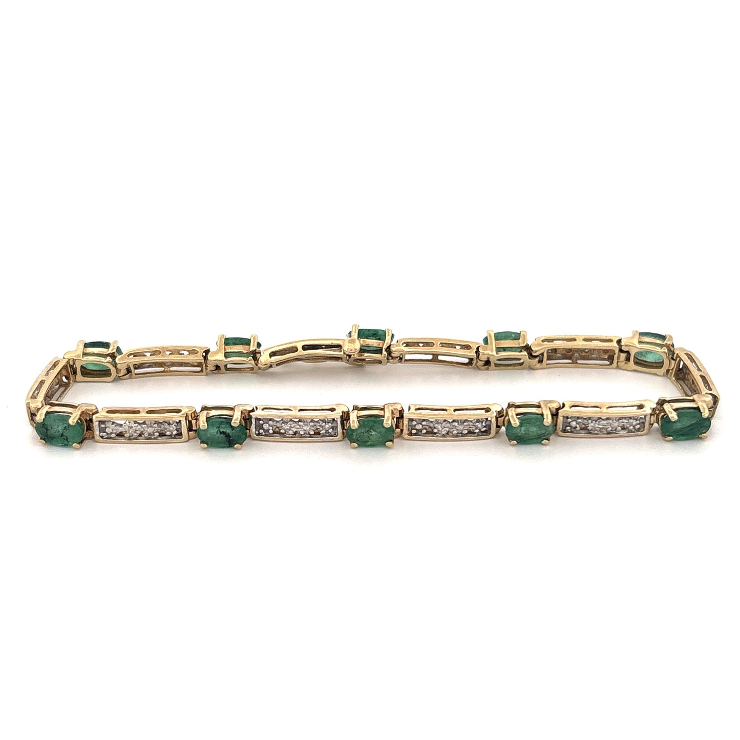 10K Yellow Gold Oval Emerald 1.5ct and Diamond 0.05ct Tennis Bracelet