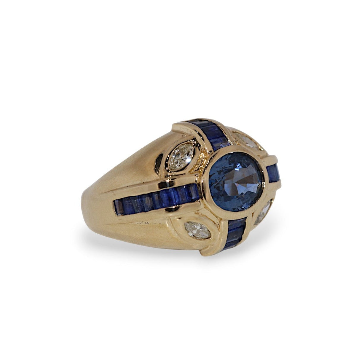 14K Yellow Gold Blue Sapphire & Diamond Vintage Ring
