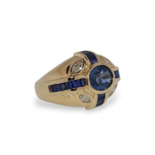 14K Yellow Gold Blue Sapphire & Diamond Vintage Ring